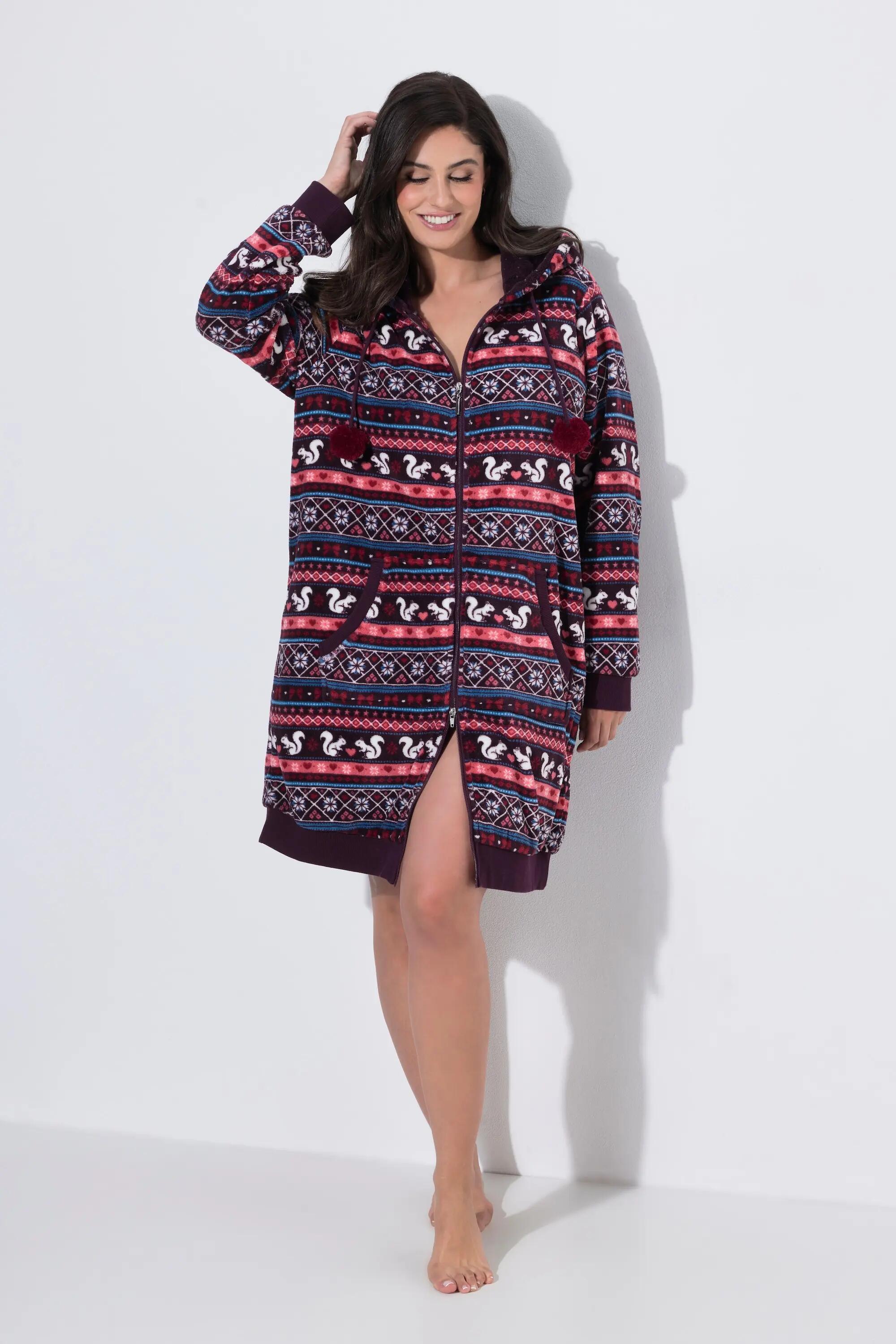 Damen Homewear-Bademantel Plüsch Norwegermuster Langarm 5/6