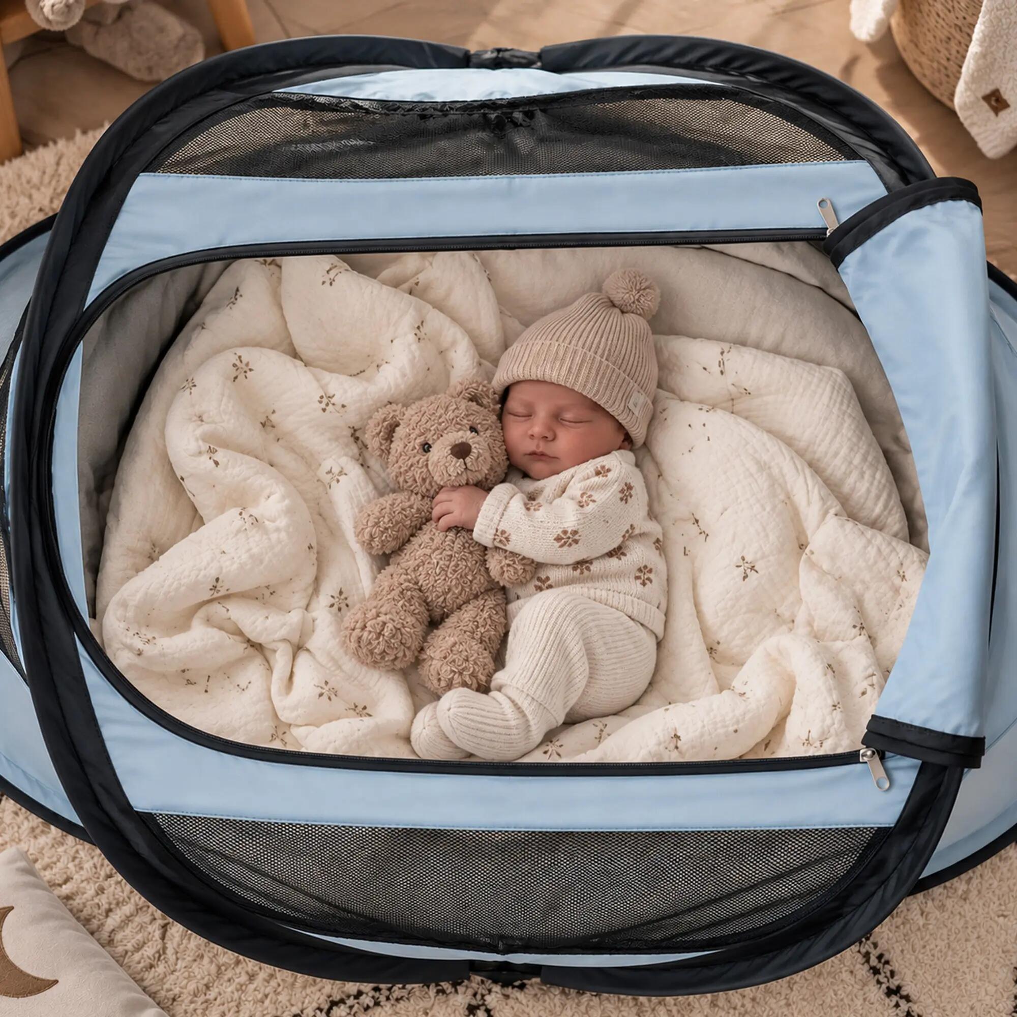 Cuna de viaje BabyBox - Tienda plegable para bebé - 0-2 años - Azul cielo 4/7