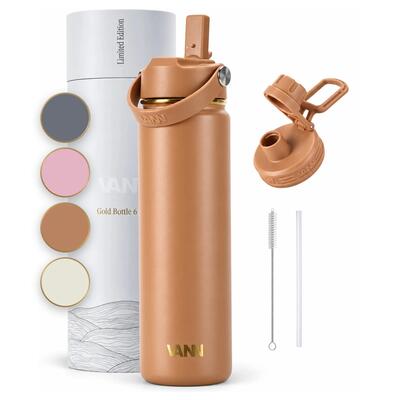 Drinkfles - gold bottle 650 ml - 3-wandig rvs, gouden details - macchiato