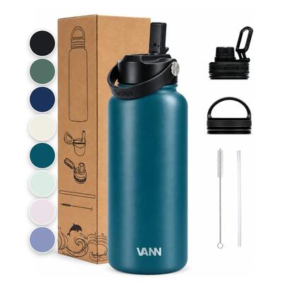 Drinkfles - ultimate bottle 1 l - 3-wandig rvs met rietje - grijs