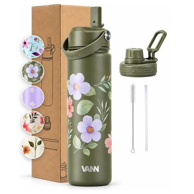 Drinkfles - flower bottle 650 ml - 3-wandig rvs, bloemenprint - sunflower