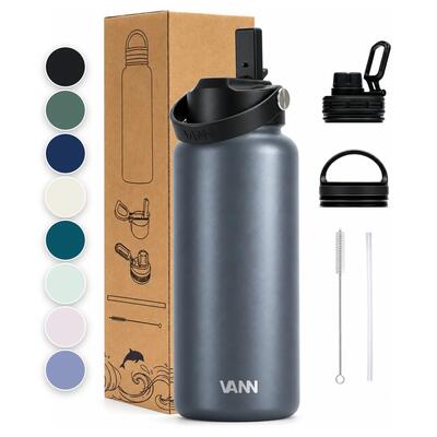 Drinkfles - ultimate bottle 1 l - 3-wandig rvs met rietje - grijs