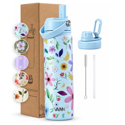 Drinkfles - flower bottle 650 ml - 3-wandig rvs, bloemenprint - sunflower