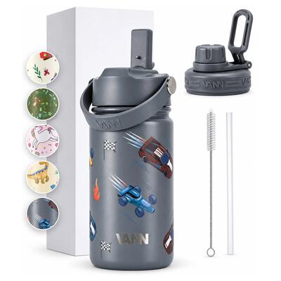 Drinkfles - kids bottle 400 ml - kinderfles met rietje, rvs - cars