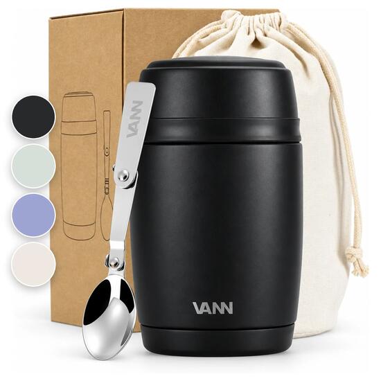 Lunchbox - Lunchpot 450 ML - RVS thermos met lepel, lekvrij - Zwart
