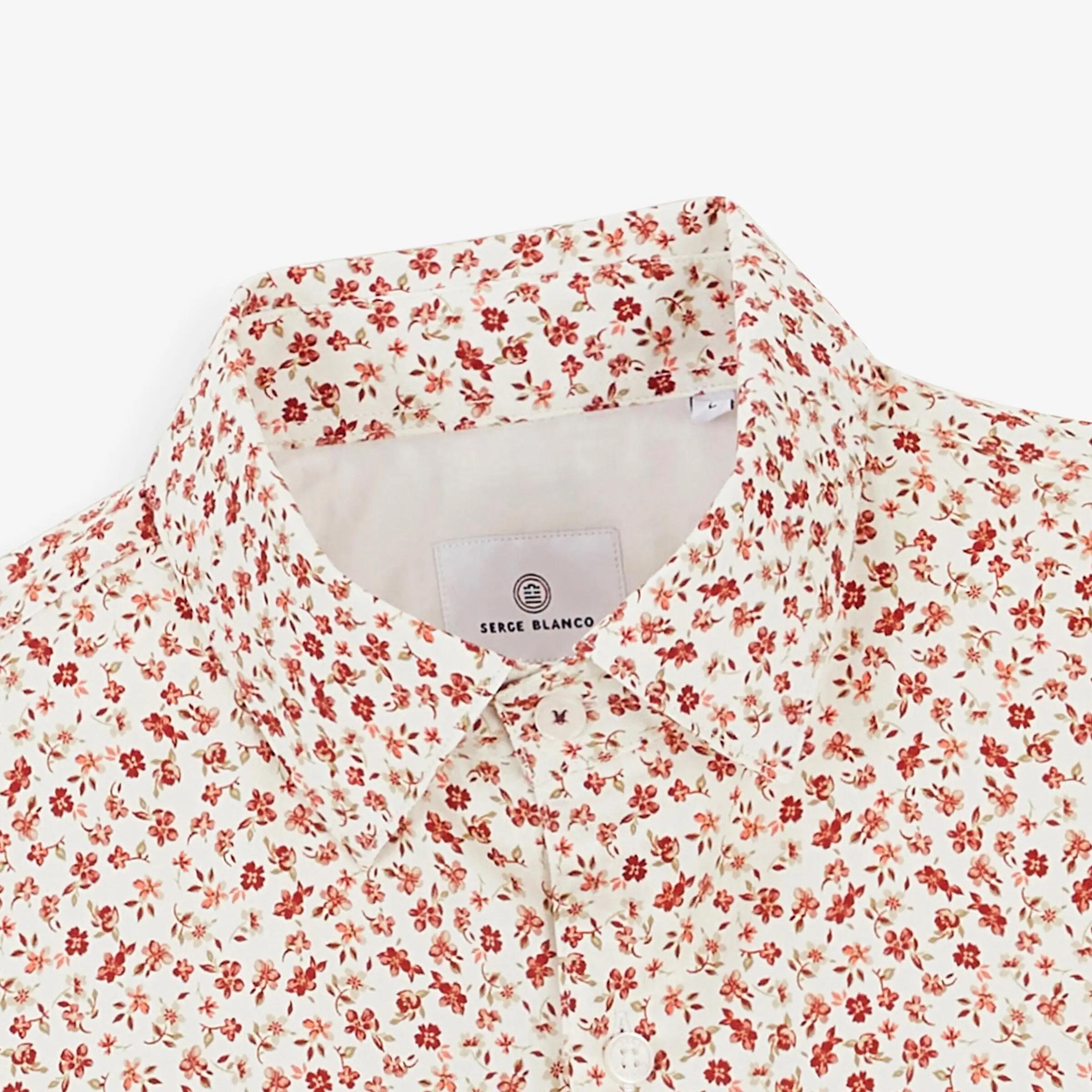 Chemise manches longues coton à fleurs rouge cerise 3/4