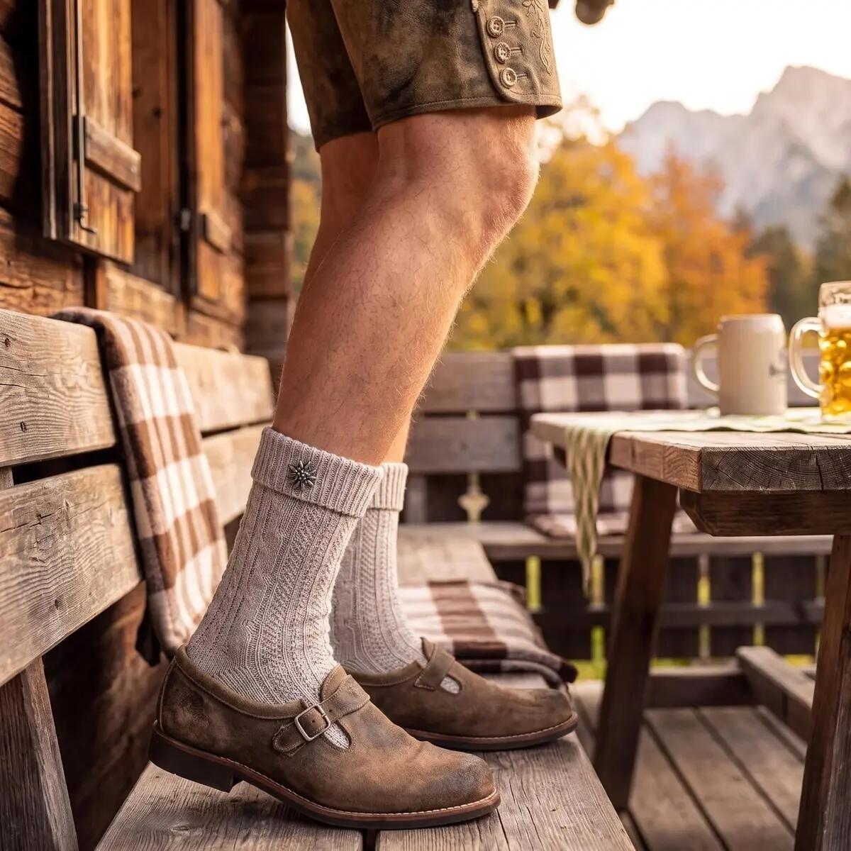 Damen Herren Trachtensocken kurz 2 Paar, Schoppersocken Zopfmuster Edelweiß-Pin 3/8