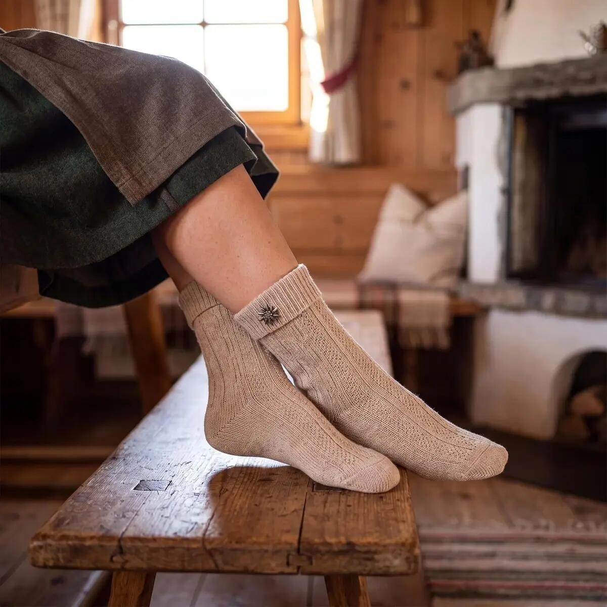 Damen Herren Trachtensocken kurz 2 Paar, Schoppersocken Zopfmuster Edelweiß-Pin 2/8