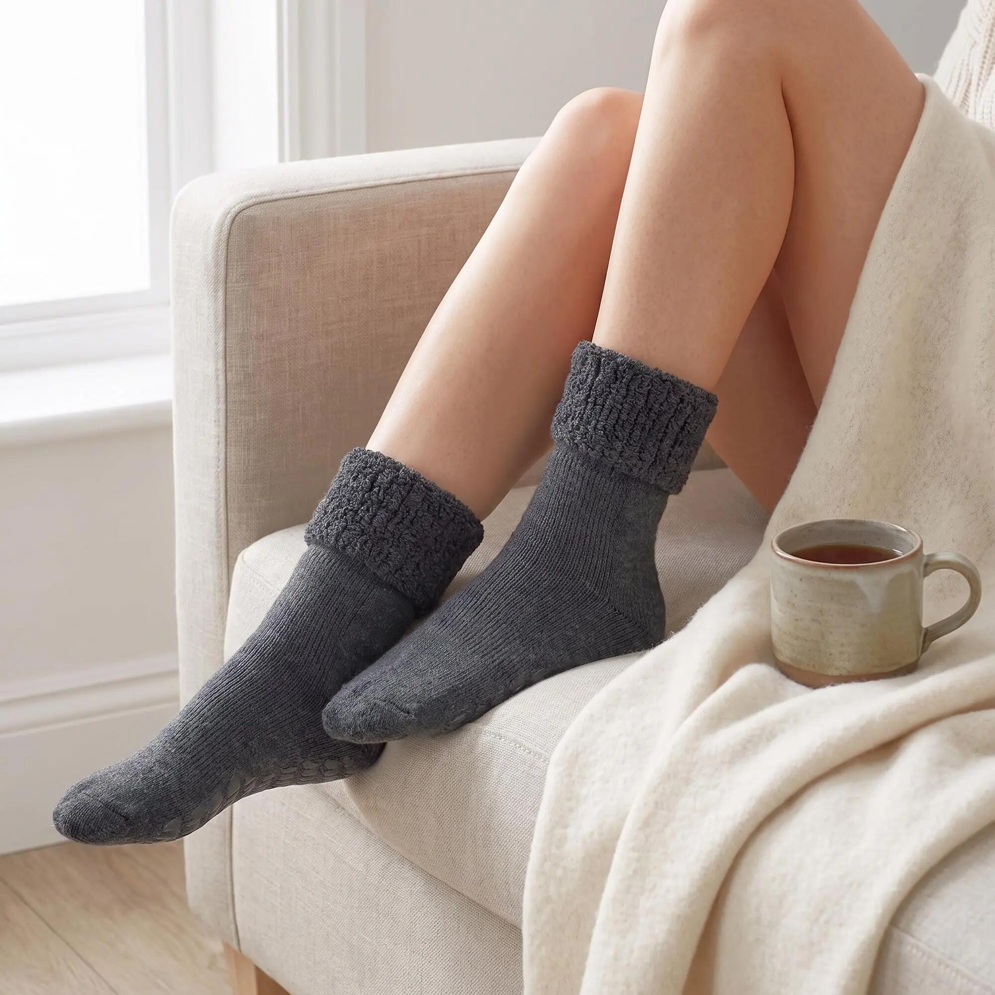 Damen Herren Stoppersocken mit Alpaka Wolle ABS-Noppensohle Umschlagbund 2 Paar 2/6