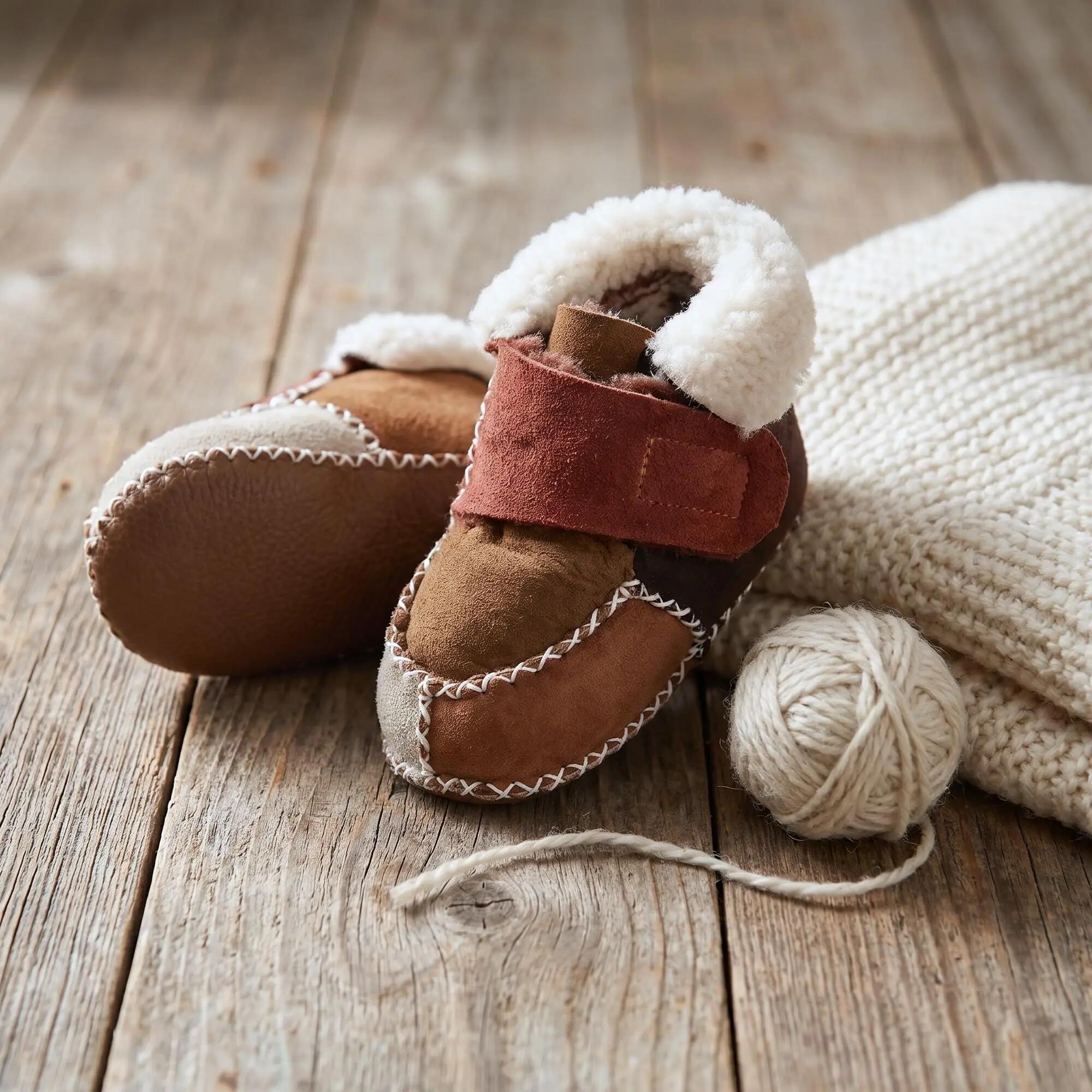 Baby Winter Krabbelschuhe Lammfell Lammleder Klettriemen Ledersohle weich 1 Paar 3/6