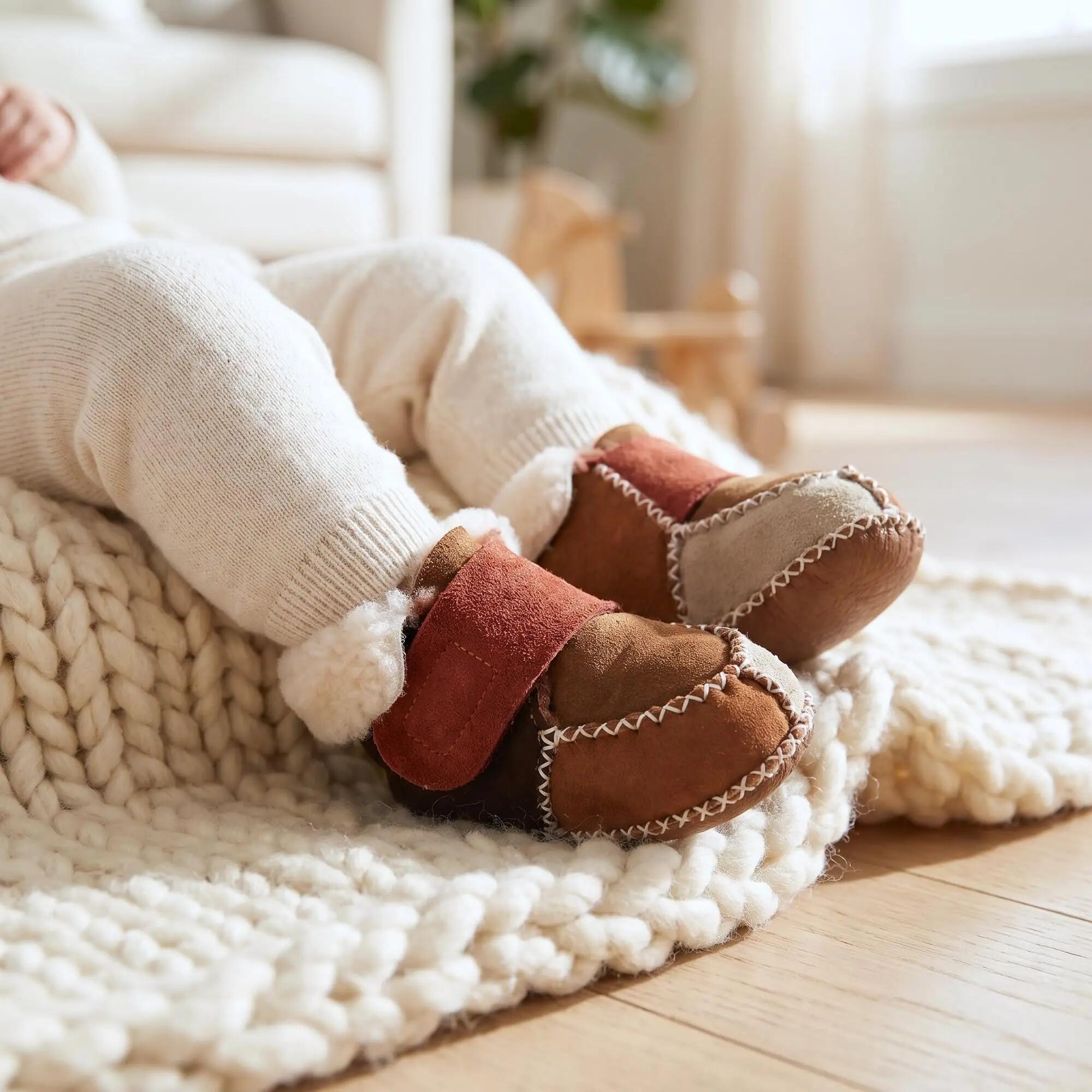 Baby Winter Krabbelschuhe Lammfell Lammleder Klettriemen Ledersohle weich 1 Paar 2/6