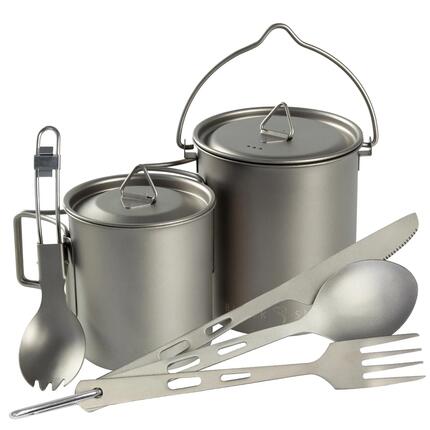 Camping Kochset Titan mit Besteck am Karabiner, 2 Töpfe 750 + 420 ml 6-teilig