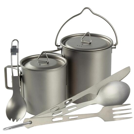 Camping Kochset Titan mit Besteck am Karabiner, 2 Töpfe 750 + 420 ml 6-teilig