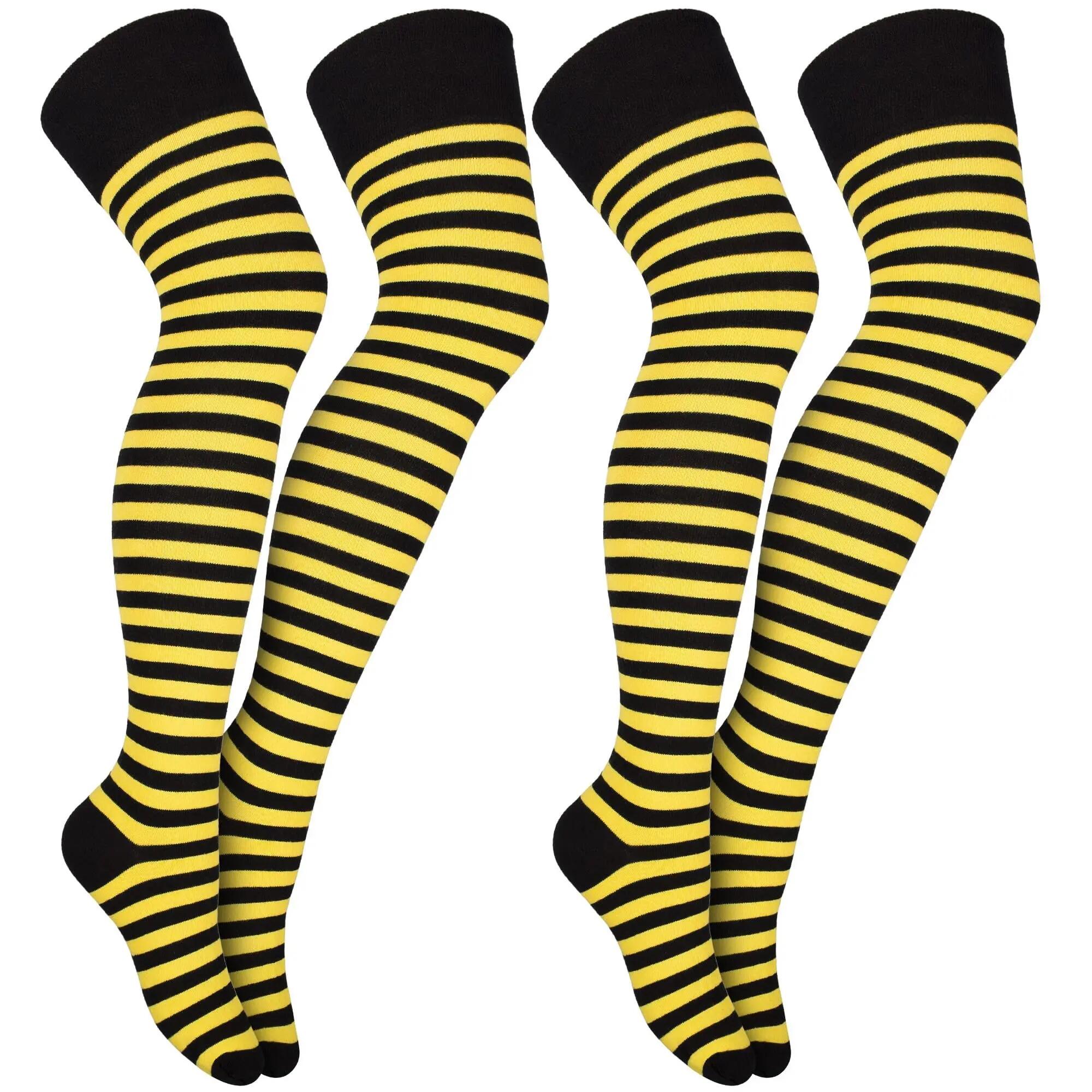 Damen Karneval Overknees Strümpfe Baumwolle Ringel oder uni Einheitsgröße 2 Paar 7/8