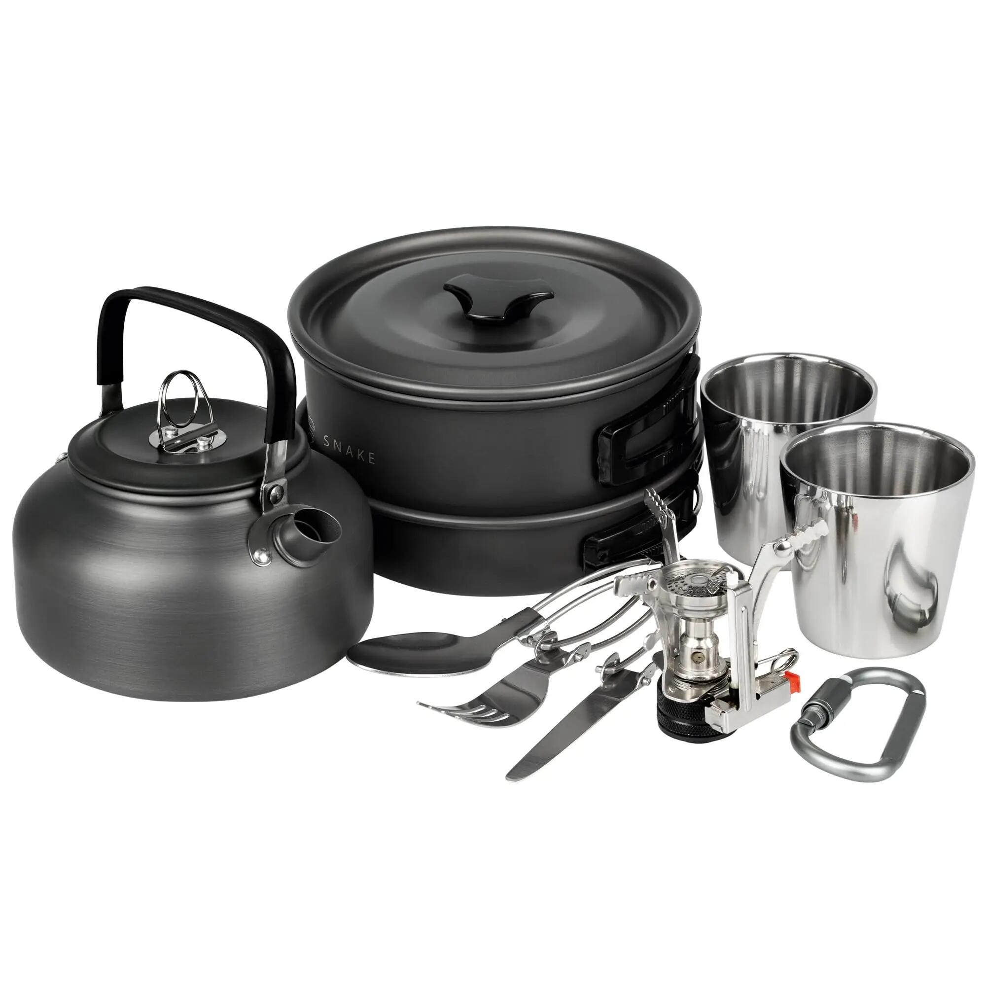Camping Kochset Aluminium Antihaft Topf Pfanne Kessel mit Gaskocher 10-teilig 1/7