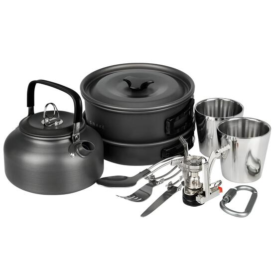 Camping Kochset Aluminium mit Gaskocher, Topf Pfanne Kessel Antihaft 10-teilig