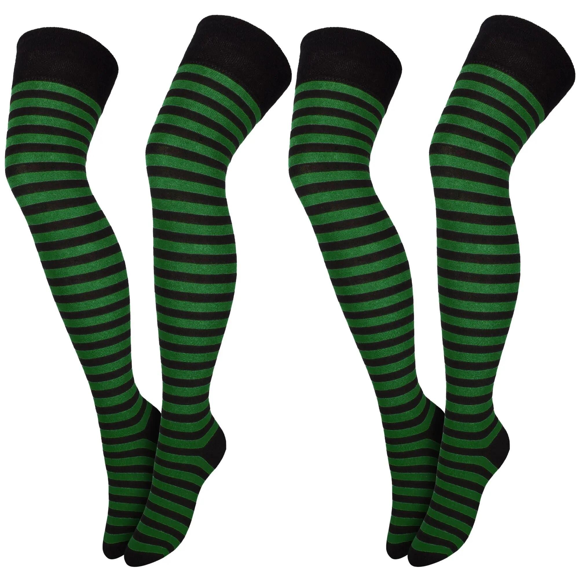 Damen Karneval Overknees Strümpfe Baumwolle Ringel oder uni Einheitsgröße 2 Paar 3/8