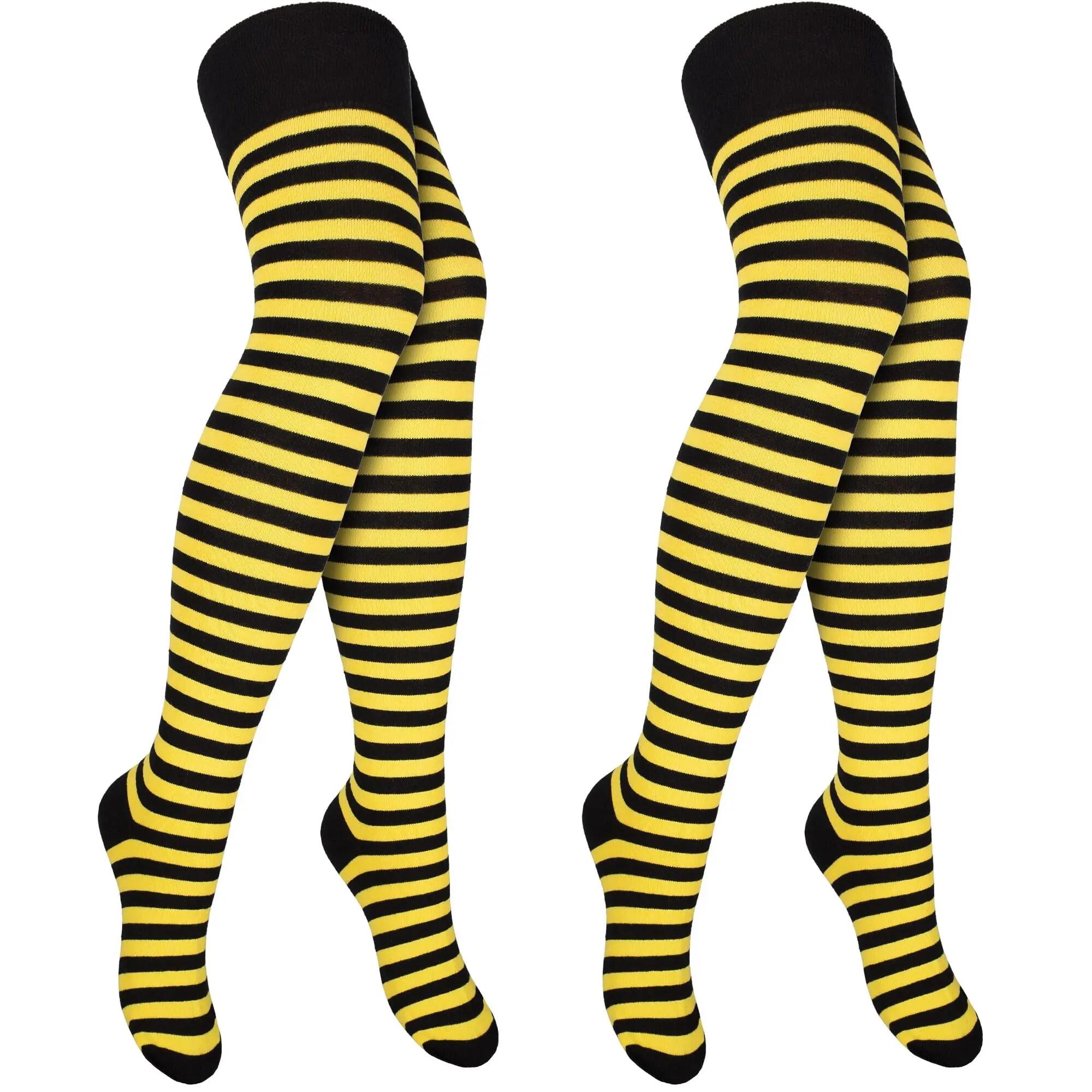 Damen Karneval Overknees Strümpfe Baumwolle Ringel oder uni Einheitsgröße 2 Paar 4/8
