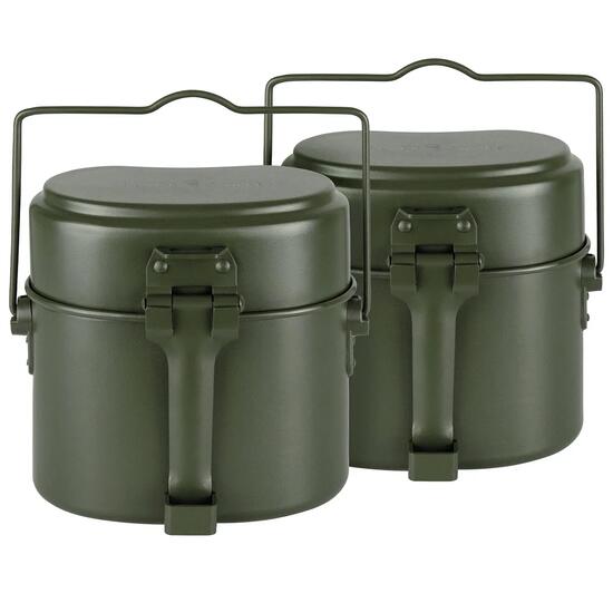 Campinggeschirr Set Aluminium, Kochgeschirr im BW-Stil in Oliv für 2 Personen