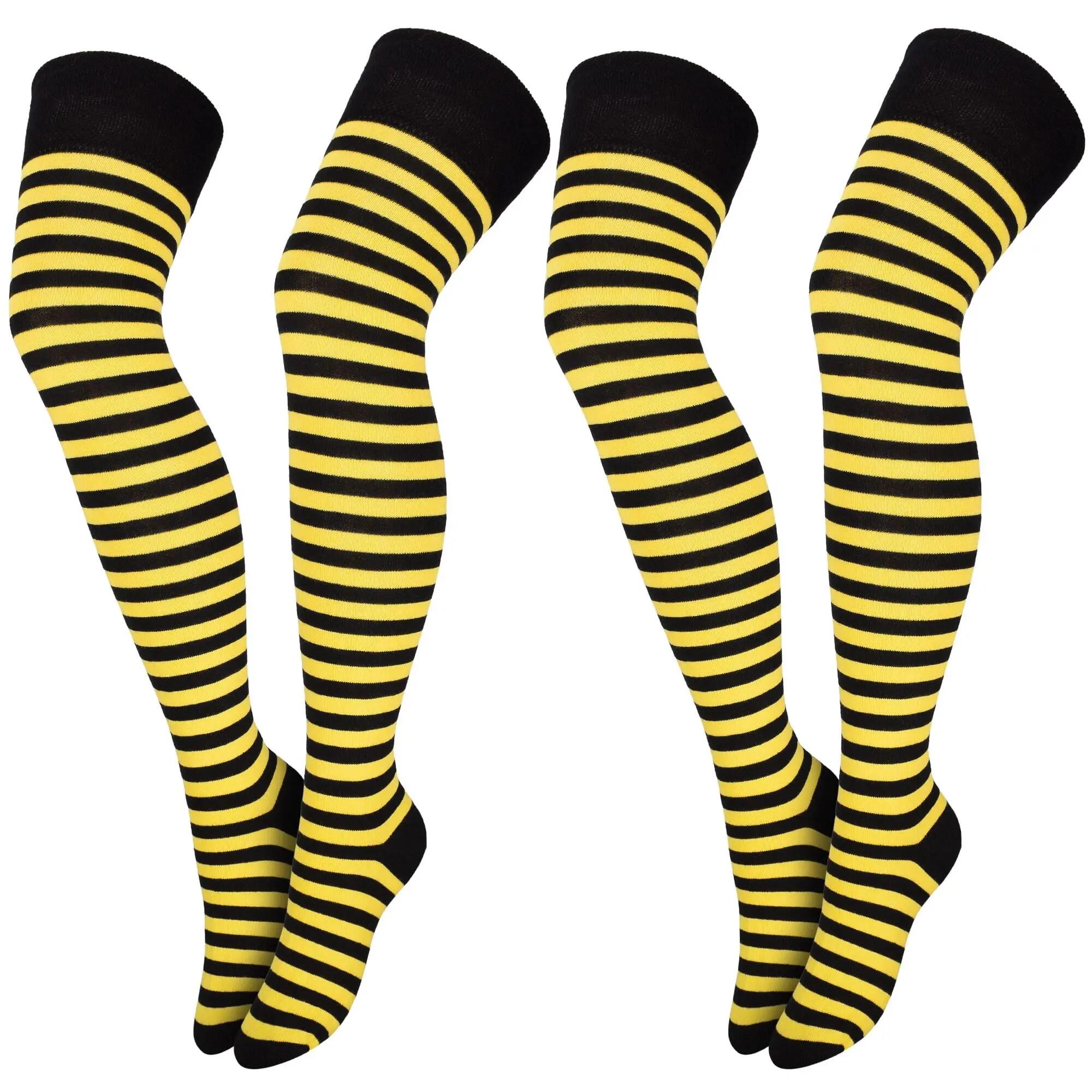 Damen Karneval Overknees Strümpfe Baumwolle Ringel oder uni Einheitsgröße 2 Paar 3/8