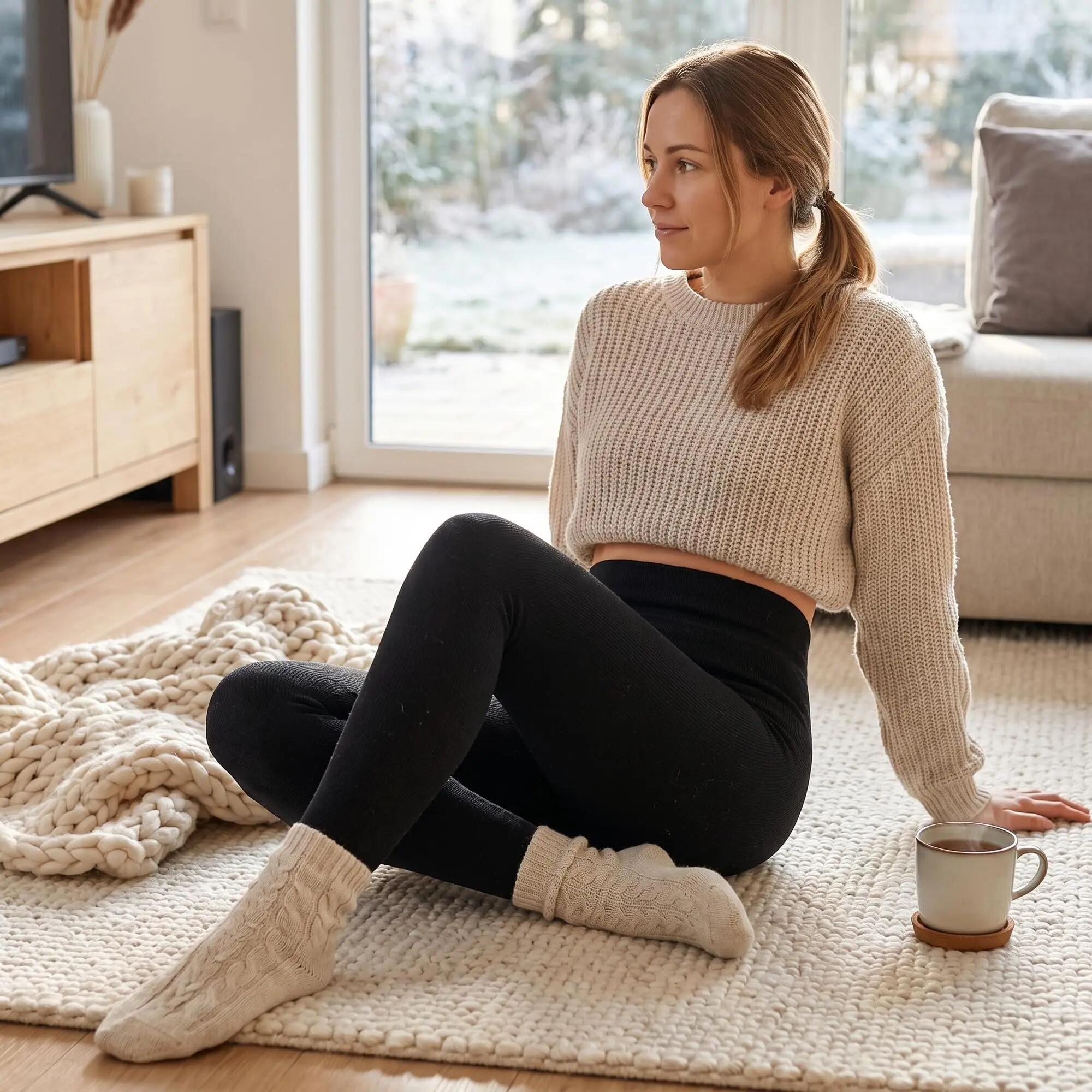 Damen Skiunterwäsche Leggings gefüttert Teddyfell-Sherpa-Futter, High Waist 3/7