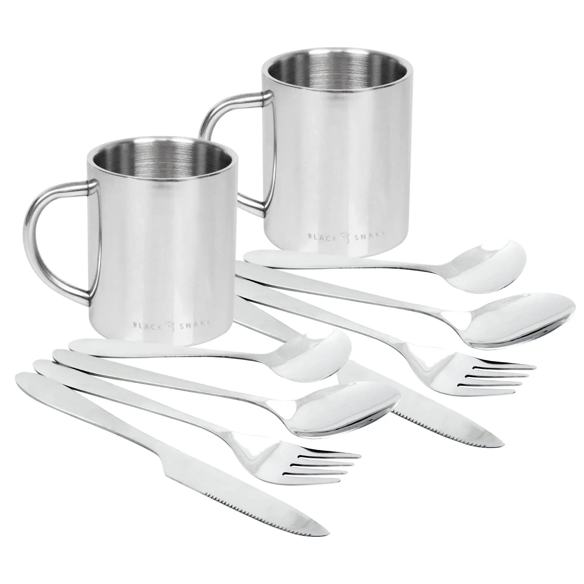 Camping Besteck Edelstahl Neopren-Etui Feldtasse 300 ml doppelwandig 2 Personen 1/5