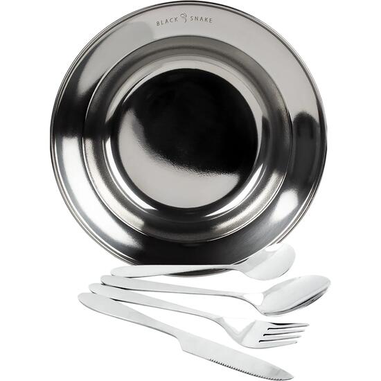 Camping Teller tief Edelstahl, Lunch-Besteck im Neopren-Etui, Set 1 Person
