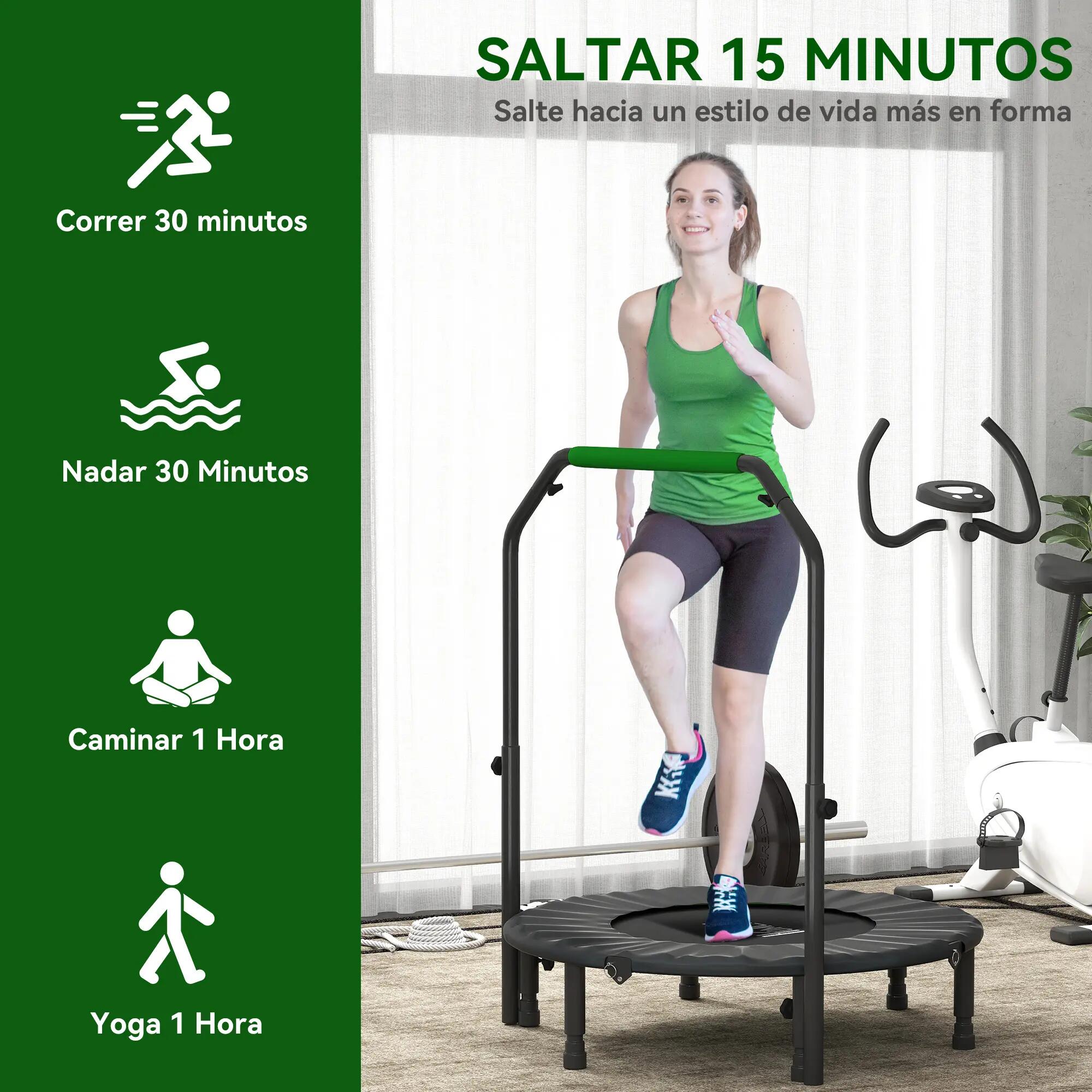 Trampolín fitness plegable 102 cm con barra ajustable HOMCOM Negro y Verde 6/9