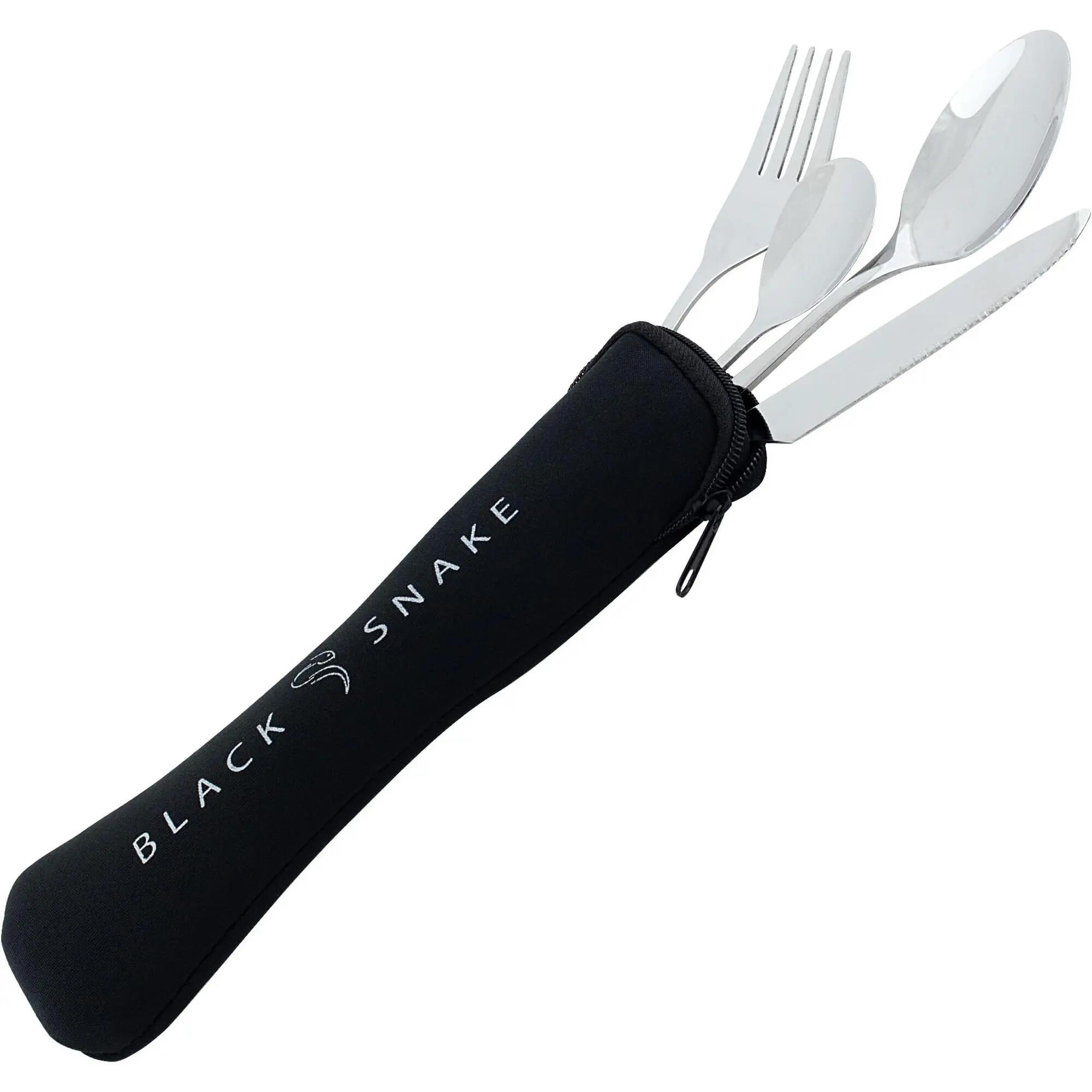 Campingbesteck im Neopren-Etui, Isoliertasse Edelstahl mit Karabiner 2 Personen 5/6