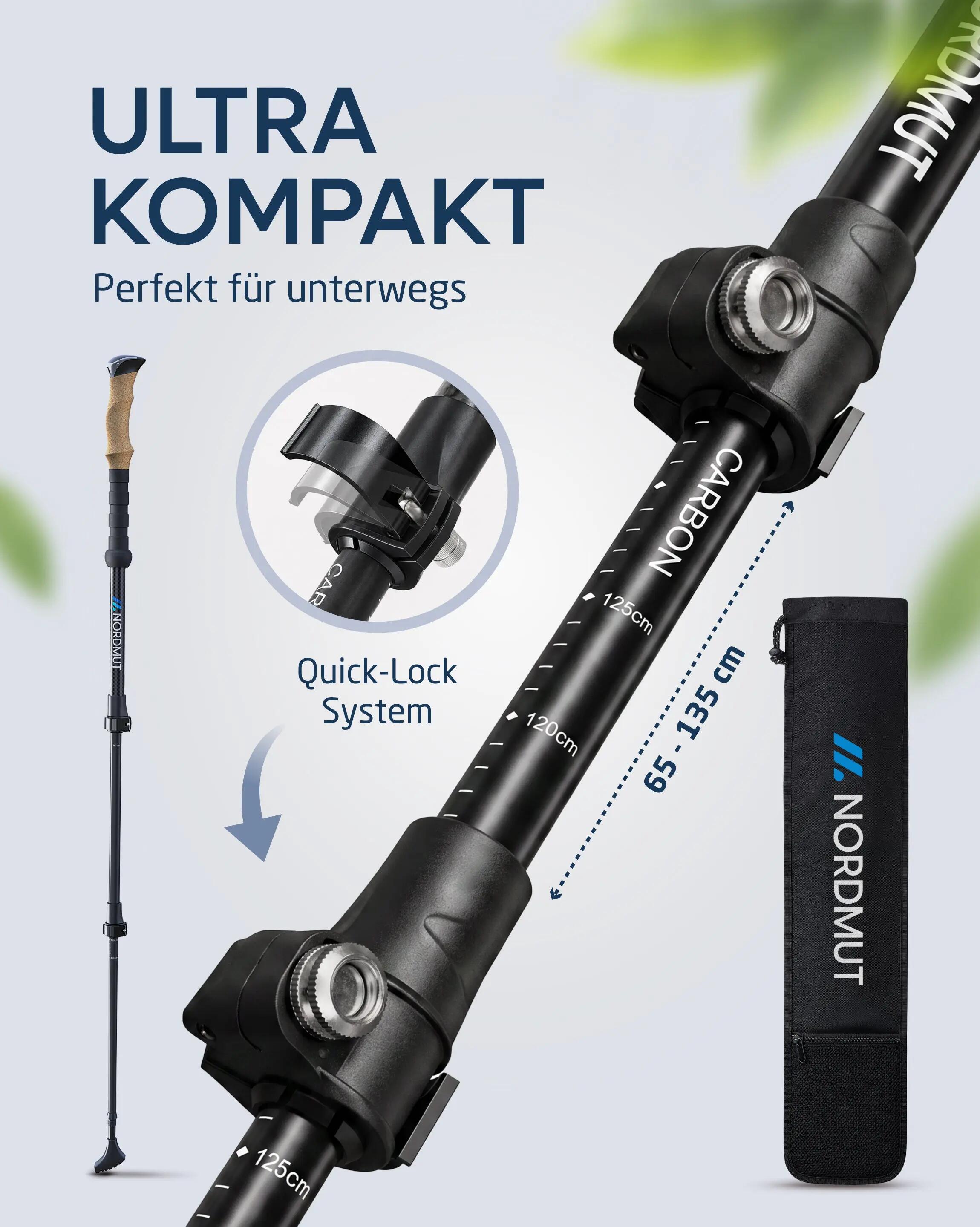 Wandern Teleskopstöcke Carbon Korkgriff 65-135 cm Quick-Lock 1 Paar Kyrkja 6/7