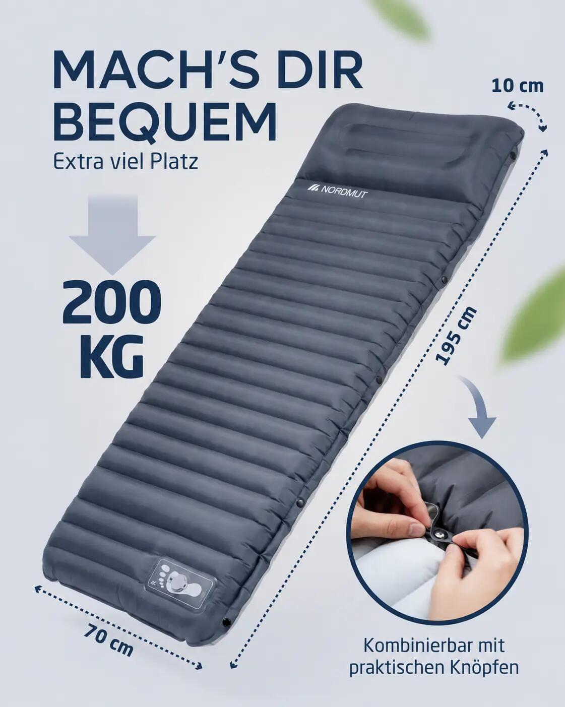 Camping-Isomatte, aufblasbar mit Fußpumpe, 10 cm, 190 x 70 cm, Veo 6/7