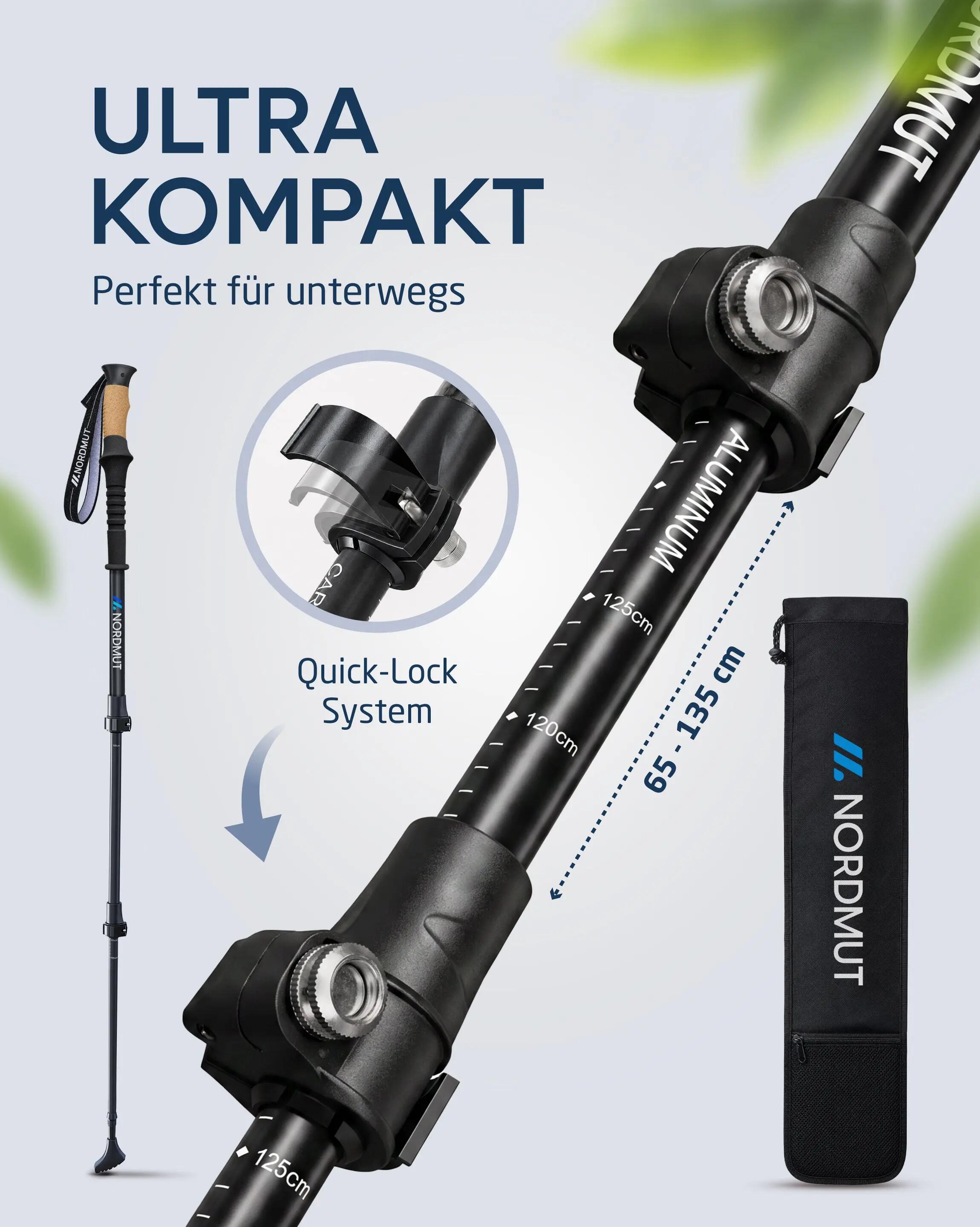 Wandern Teleskopstöcke Aluminium Korkgriff 65-135 cm Quick-Lock 1 Paar Kyrkja 6/8