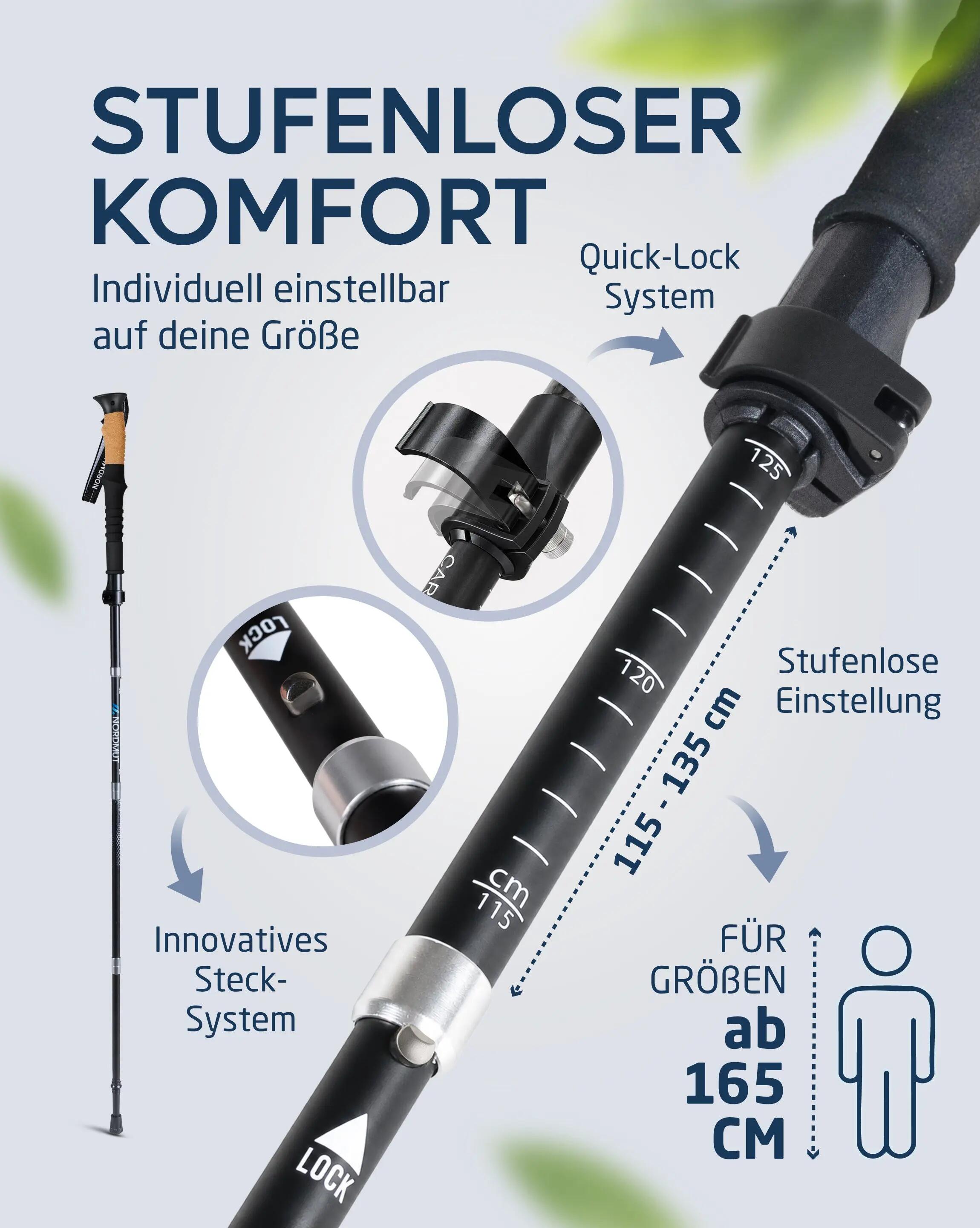 Wandern Faltstöcke Carbon Korkgriff 115-135 cm Quick-Lock Packmaß 43 cm Akka 6/9