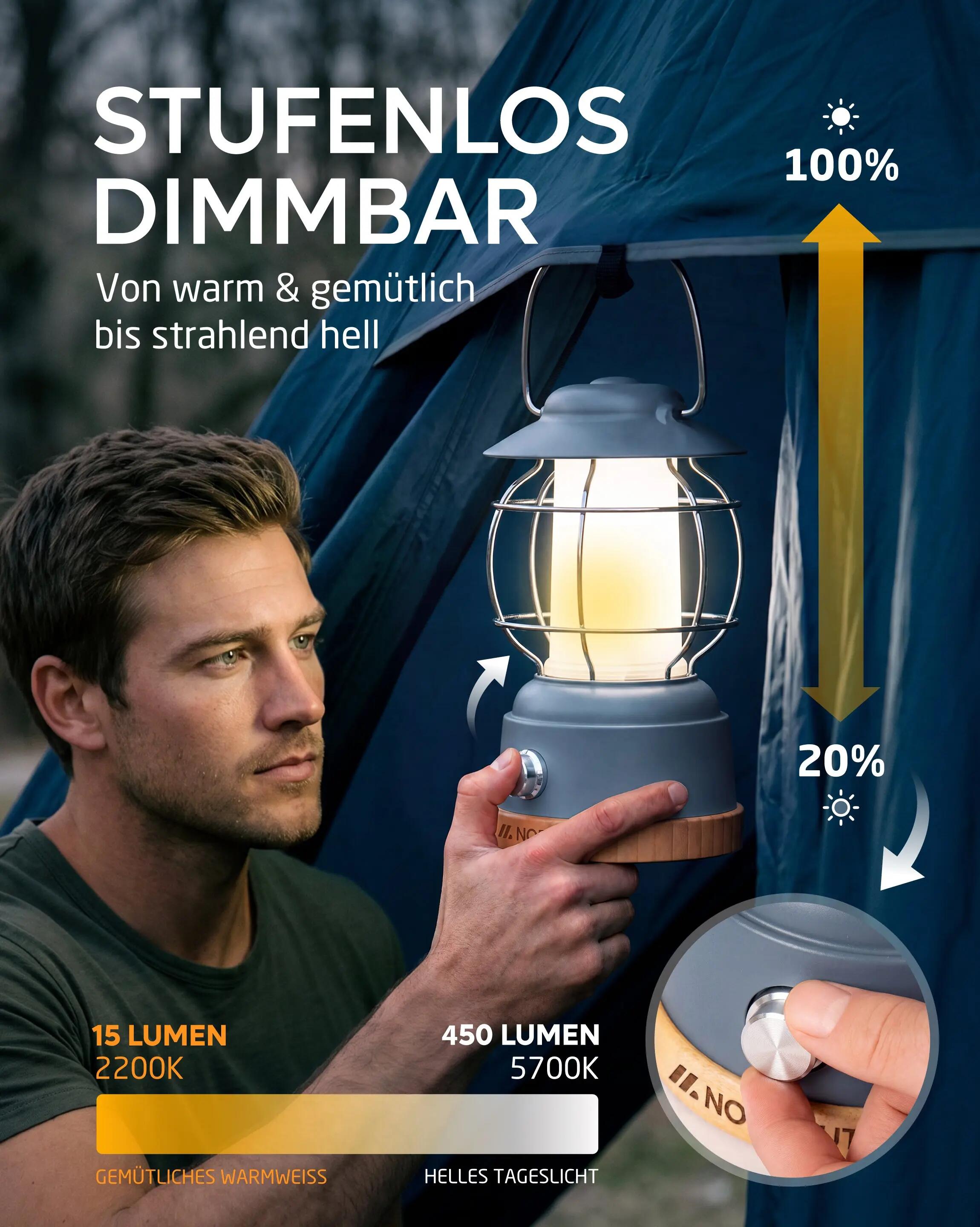 Campinglampe led, akku 5200 mah, dimmbar, 450 lumen, ipx4, esja 4/7