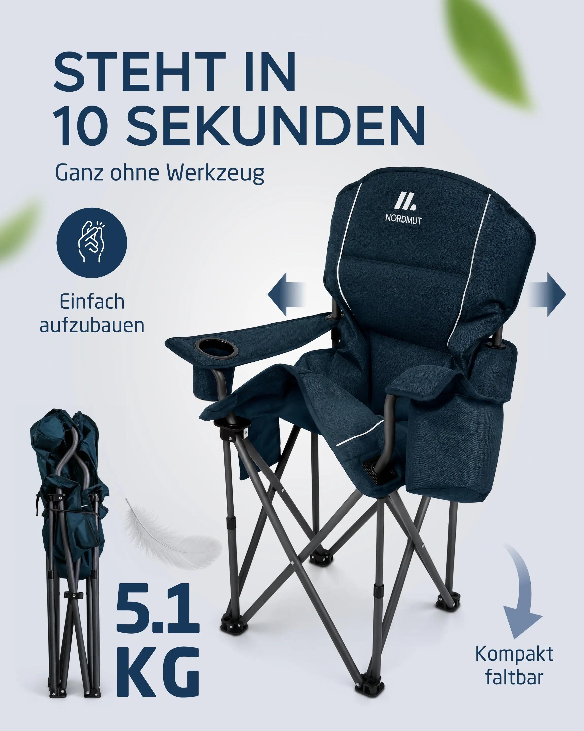Camping Klappstuhl XXL 2er-Set gepolstert bis 200 kg mit Kühltasche Aavas 6/7
