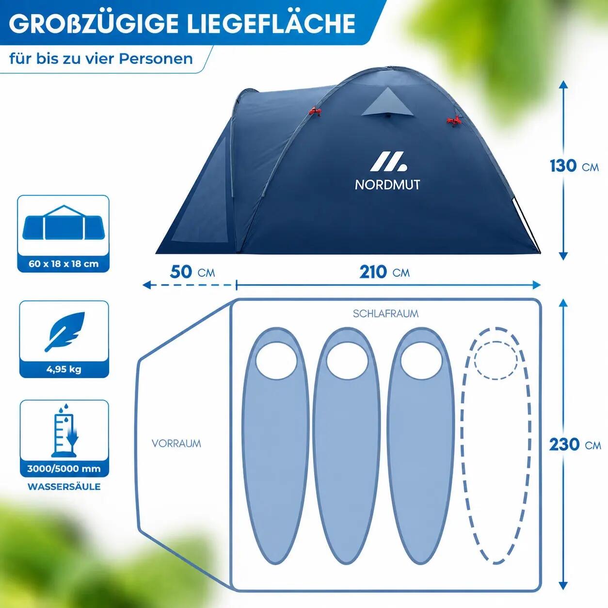 Camping Kuppelzelt 4 Personen mit Vorraum wasserdicht 3000 mm 300x250 cm Tverrå 2/8