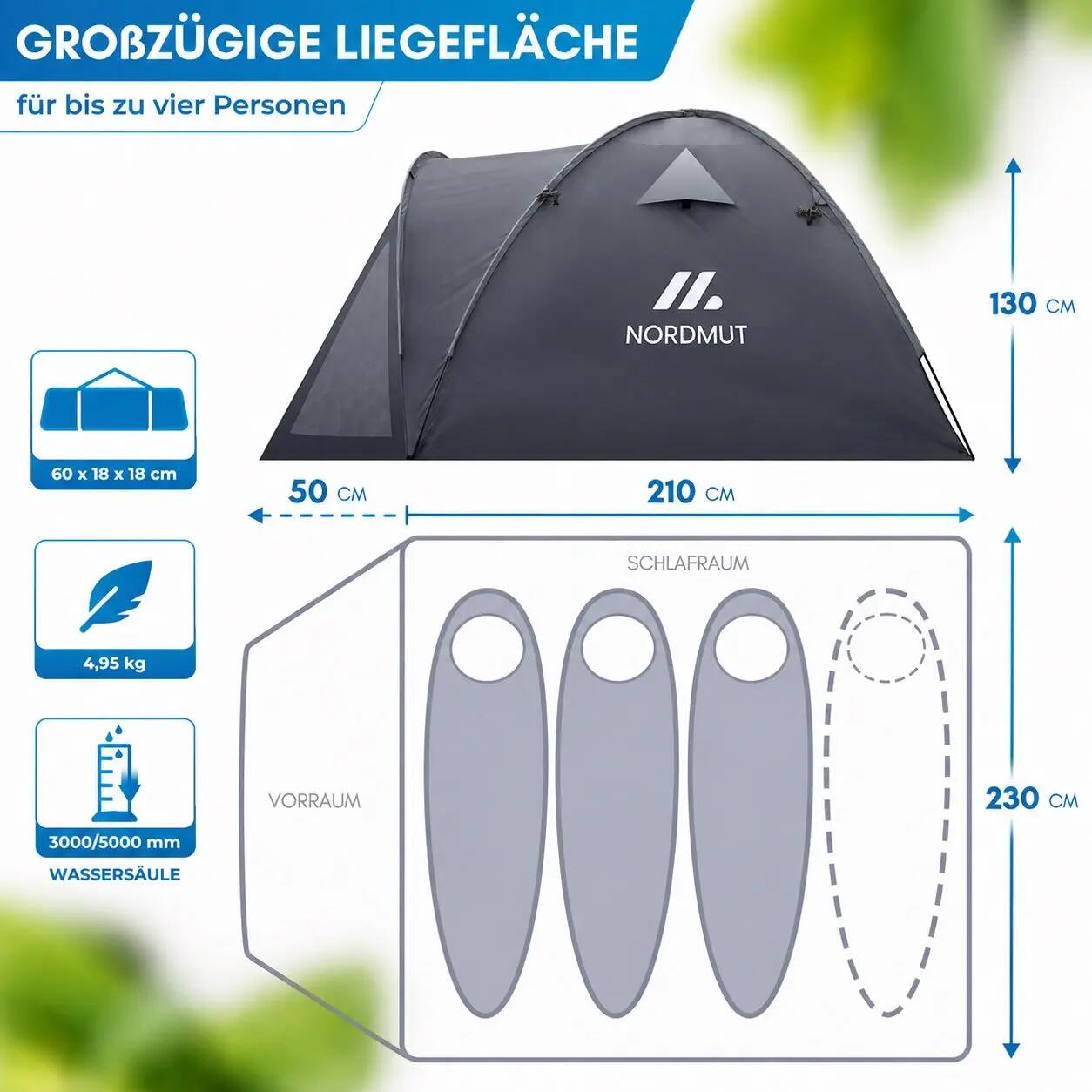 Camping Kuppelzelt 4 Personen mit Vorraum wasserdicht 3000 mm 300x250 cm Tverrå 2/8