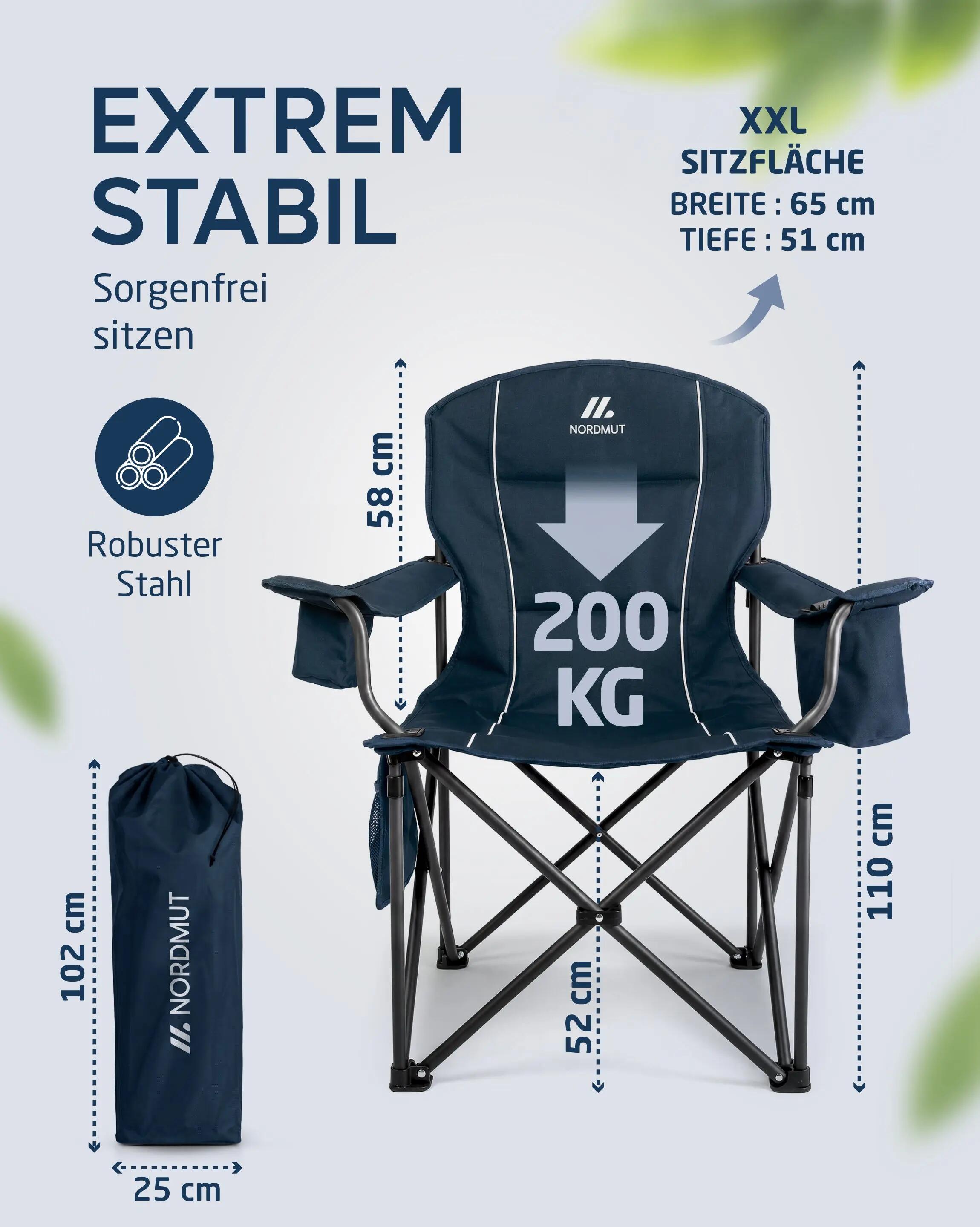 Camping Klappstuhl XXL gepolstert bis 200 kg mit Kühltasche Getränkehalter Aavas