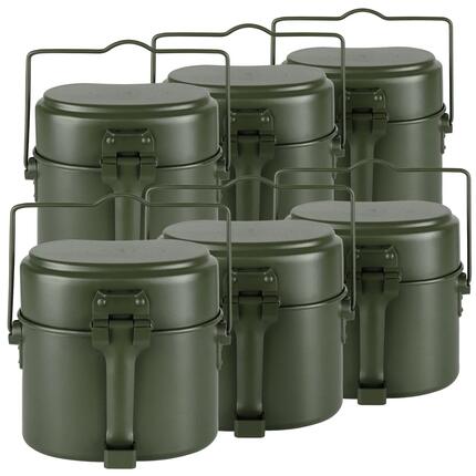 Campinggeschirr Set Aluminium, Kochgeschirr im BW-Stil in Oliv für 6 Personen