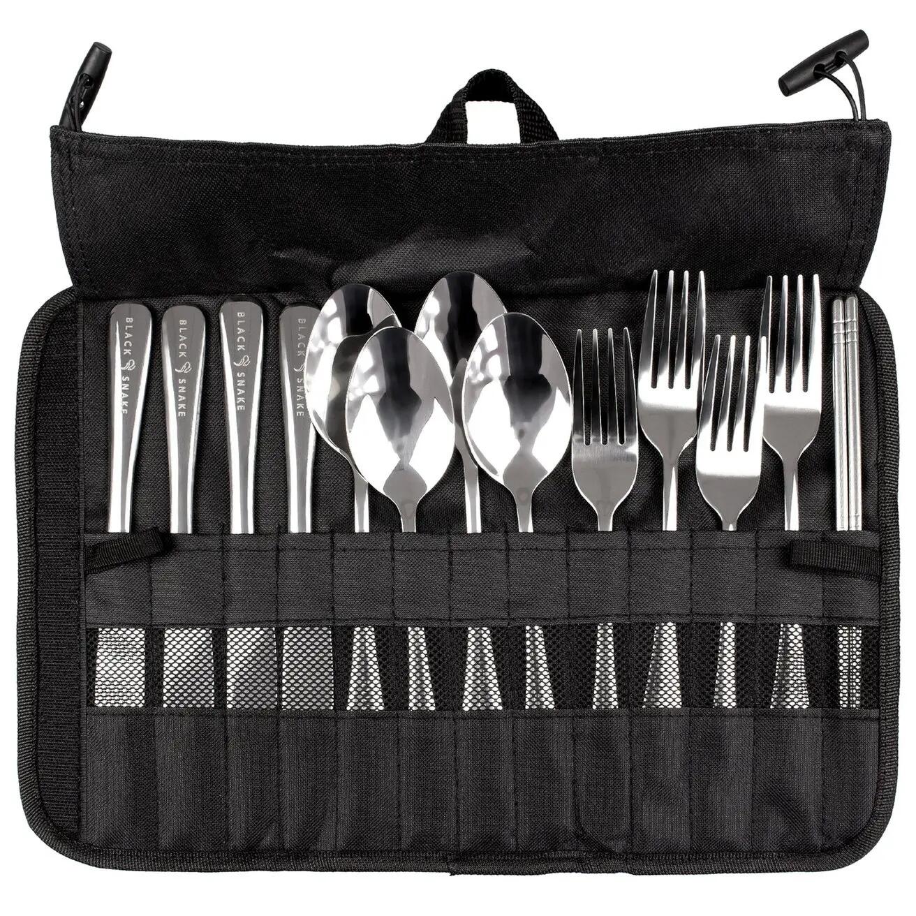 Camping Besteck Set Edelstahl 13-teilig mit Essstäbchen und Tasche 4 Personen 2/7