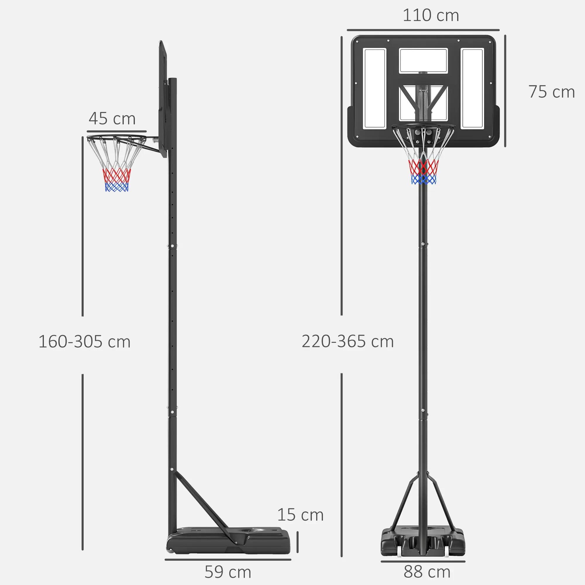 Panier de basket réglable en hauteur (160-305 cm), base à roulettes, cadre en 5/9