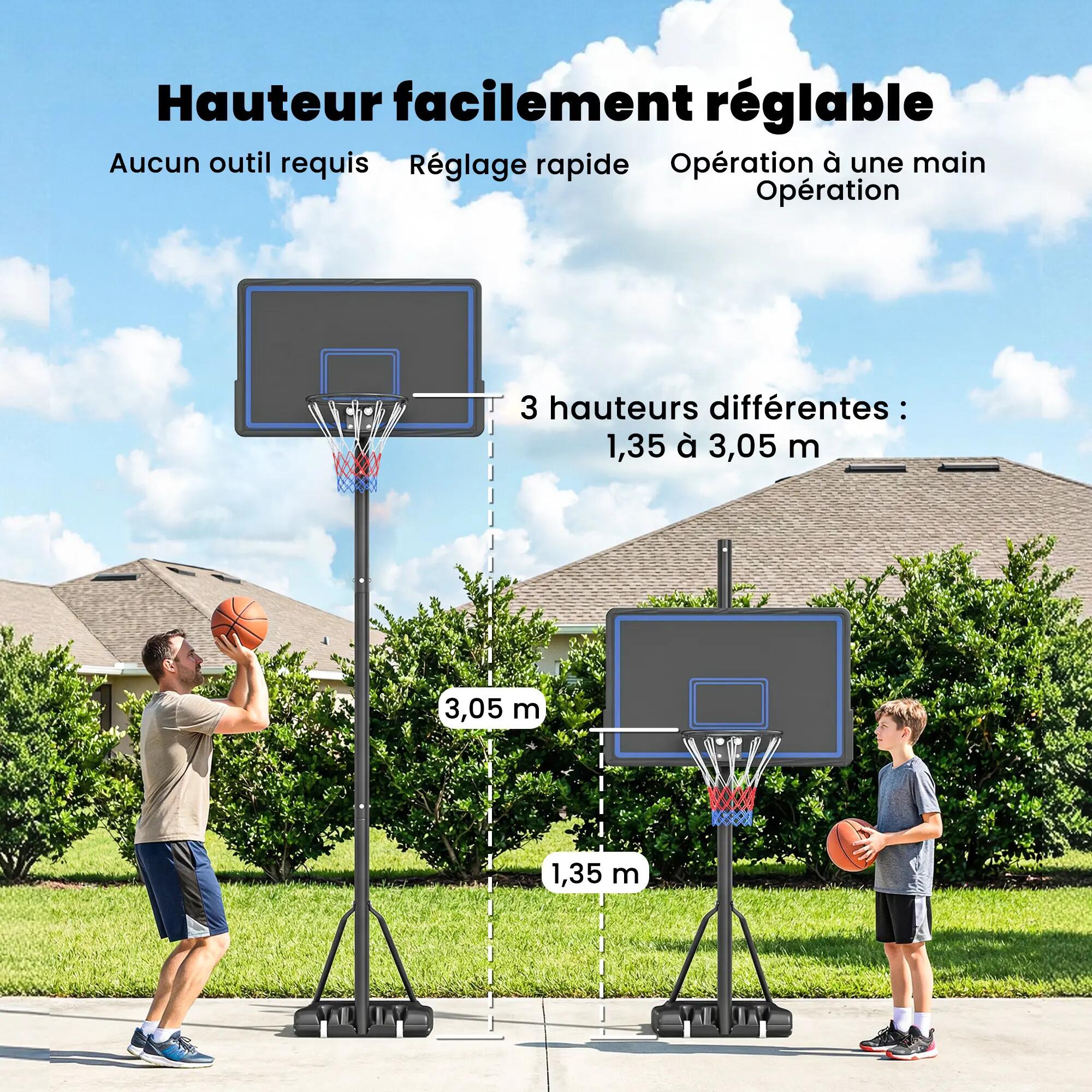 Panier de Basketball sur Pieds avec Hauteur Réglable de 1,35 à 3,05 m avec Roues 6/9
