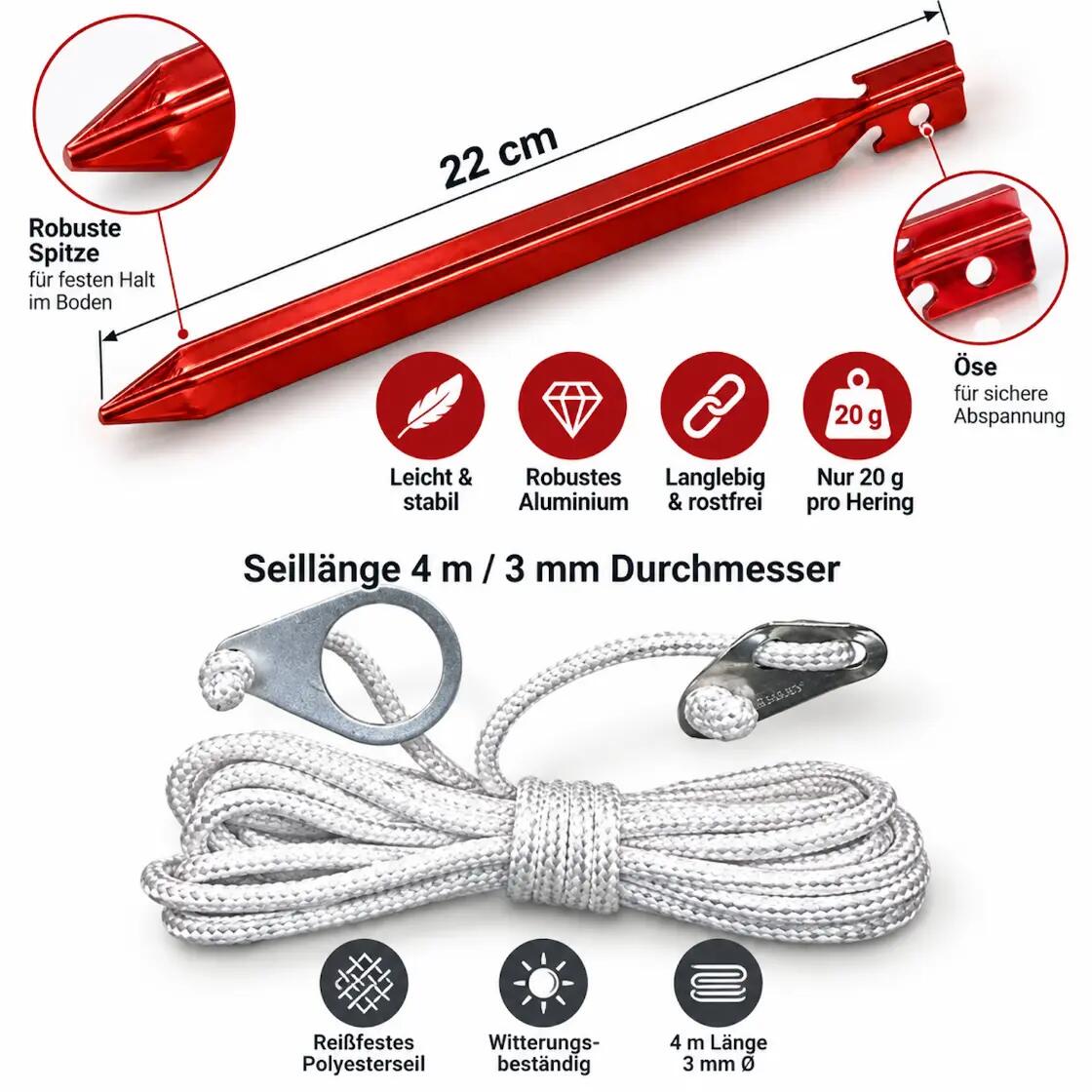 Hering 22 cm 5 Pack Spanleine 4m  Set Alu Spanner Öse Heringe 3/7