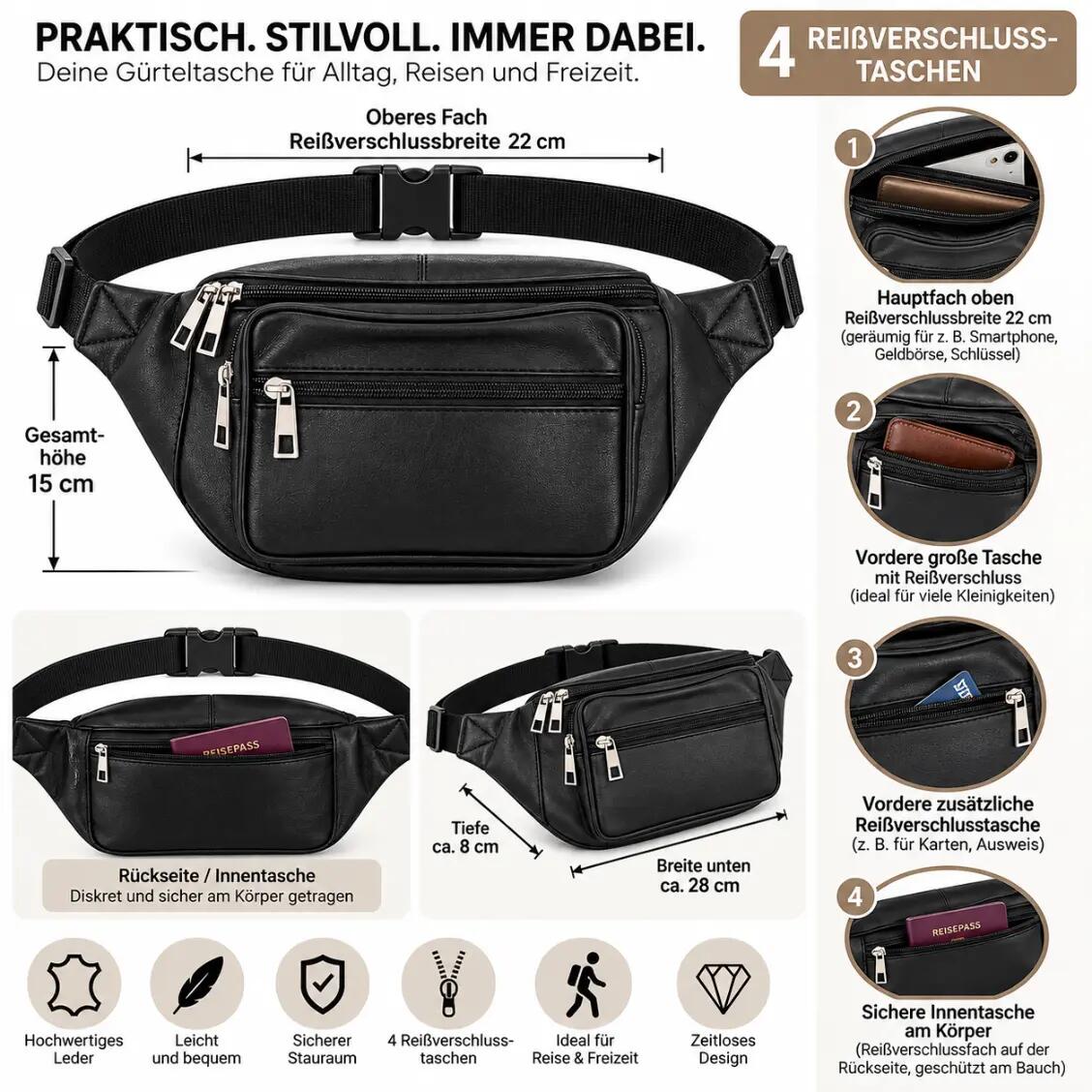 Gürteltasche 2 Leder 4 Taschen Sling Bag Gürtel Hüft Tasche 3/6