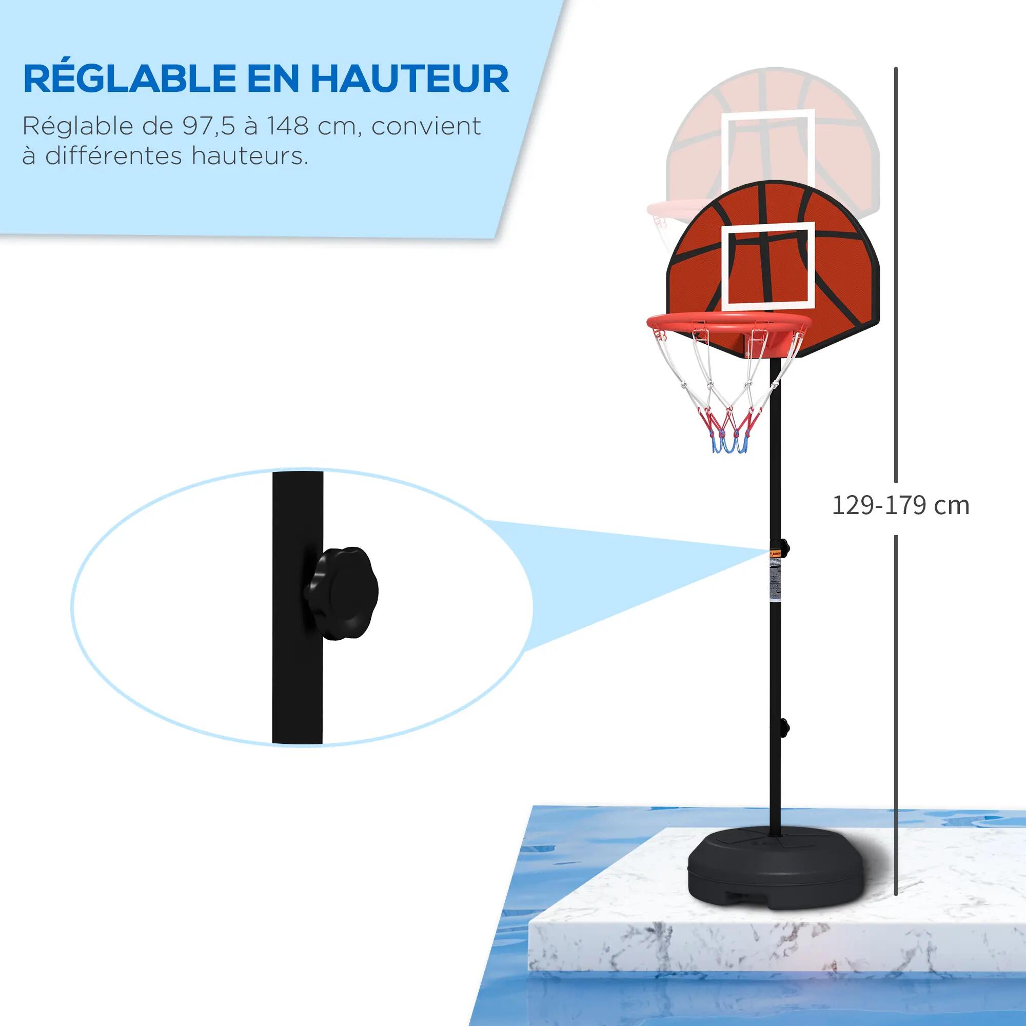 Support panier de basket-ball 2 en 1 avec hauteur réglable 129-179 cm et jeu 7/9