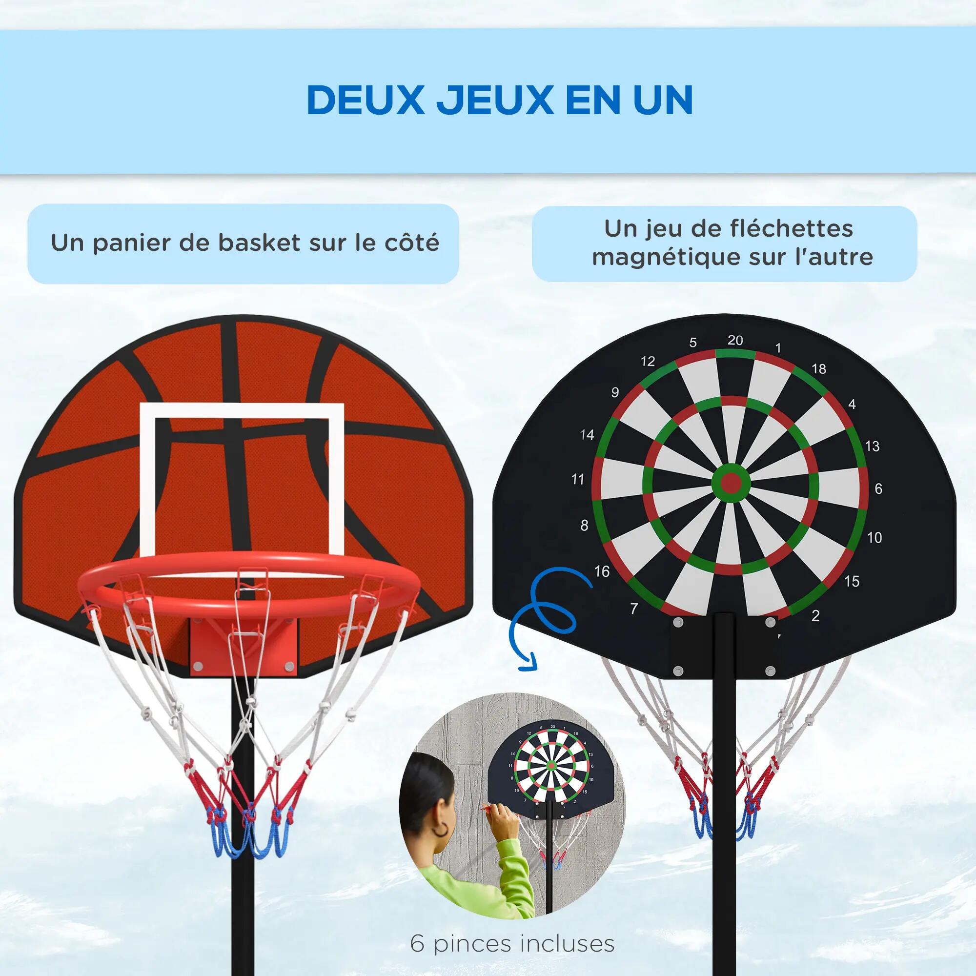 Support panier de basket-ball 2 en 1 avec hauteur réglable 129-179 cm et jeu 6/9