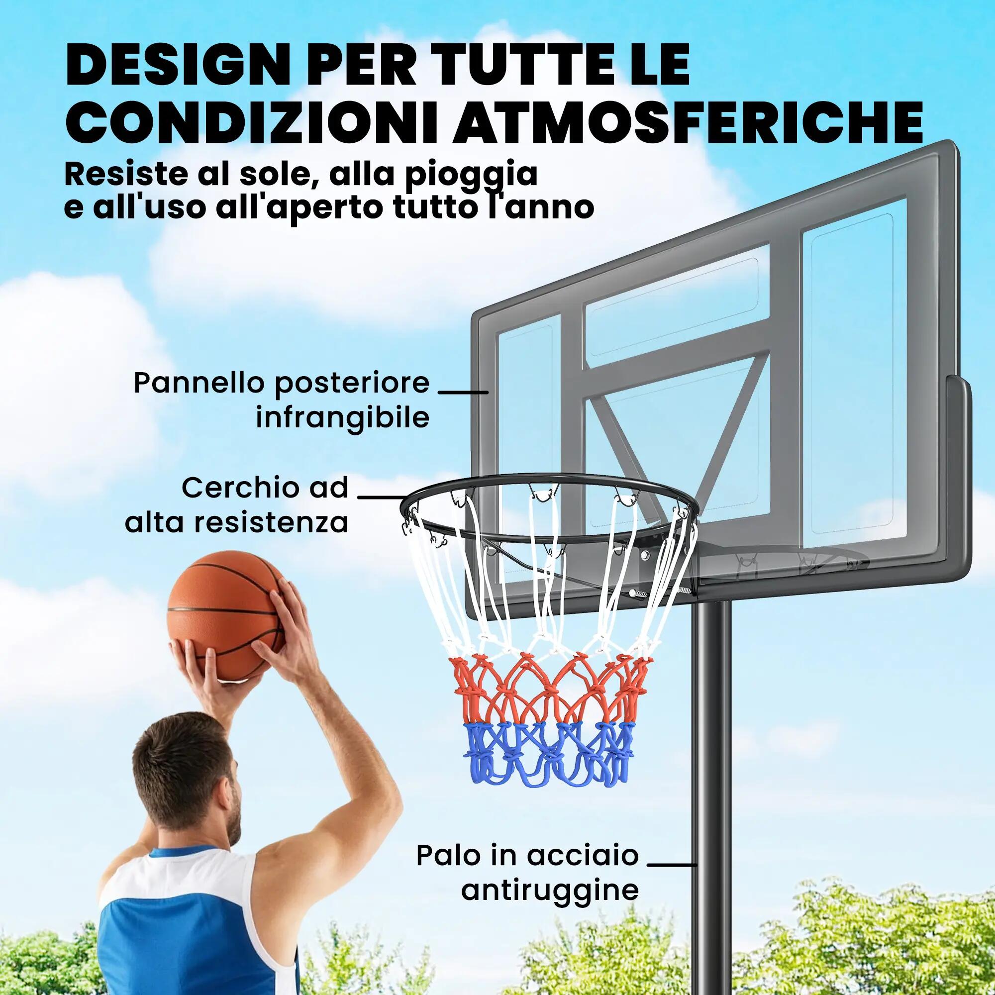 Panier de basket réglable avec base lestable et roulettes, en acier et PE 8/9