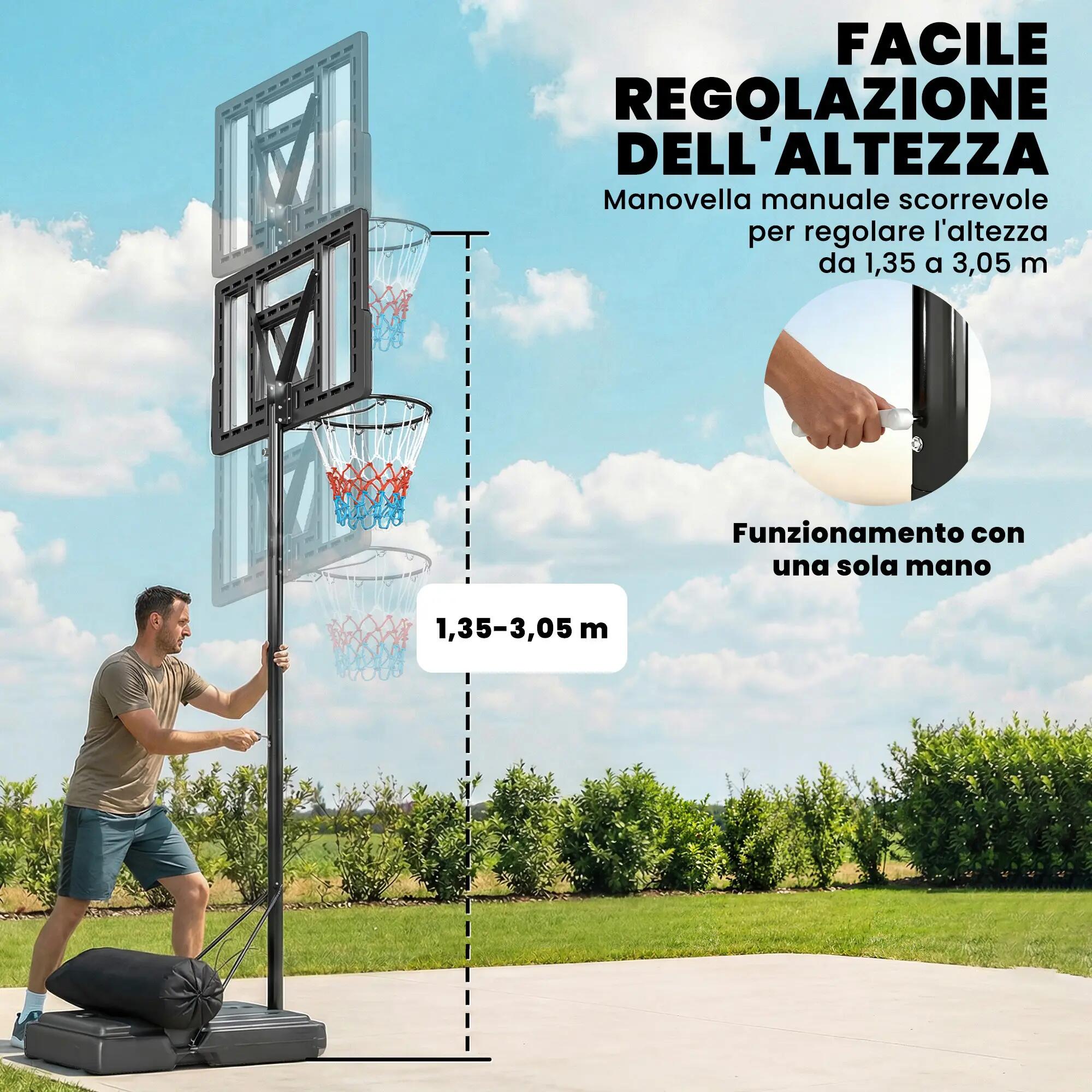 Panier de basket réglable avec base lestable et roulettes, en acier et PE 6/9