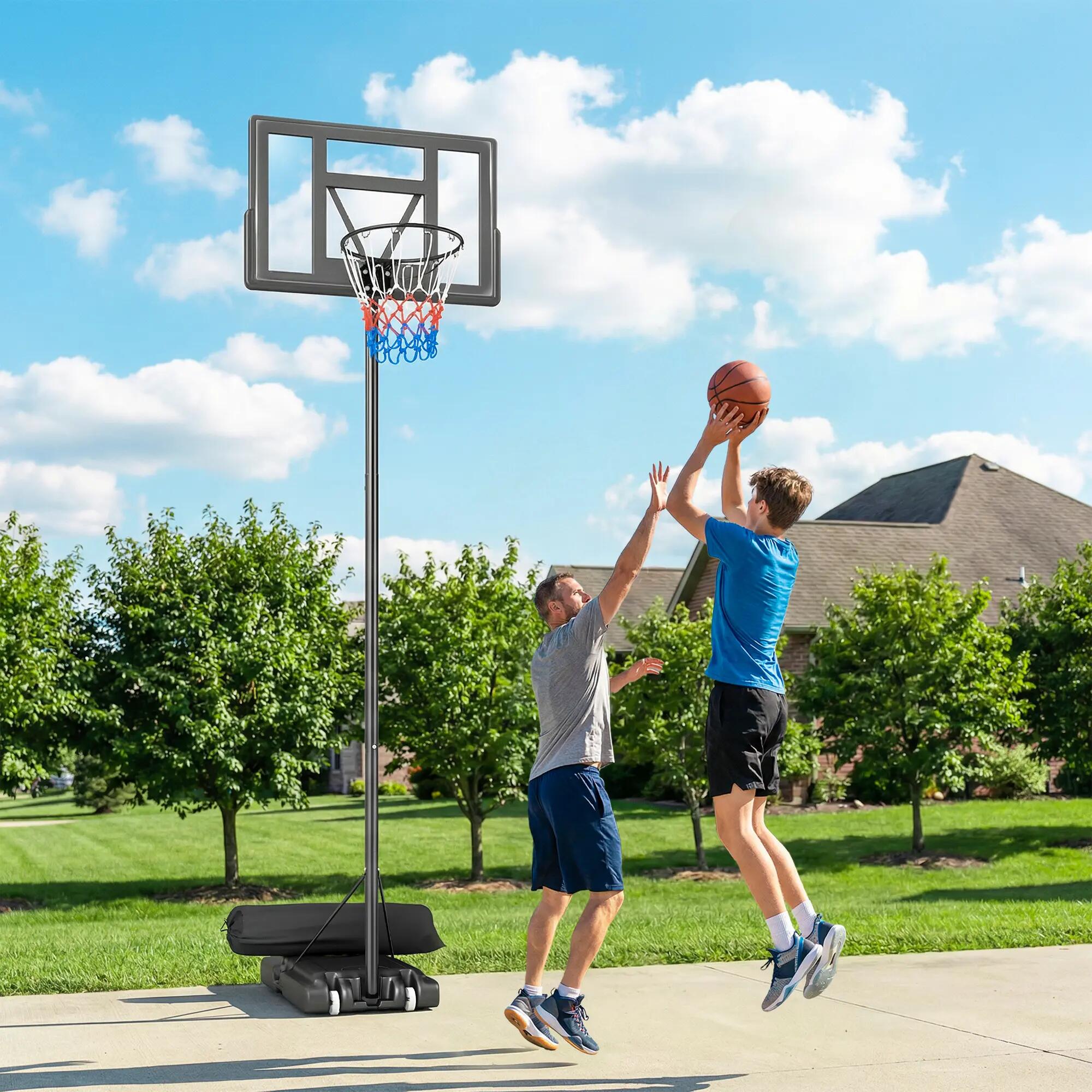 Panier de basket réglable avec base lestable et roulettes, en acier et PE 3/9