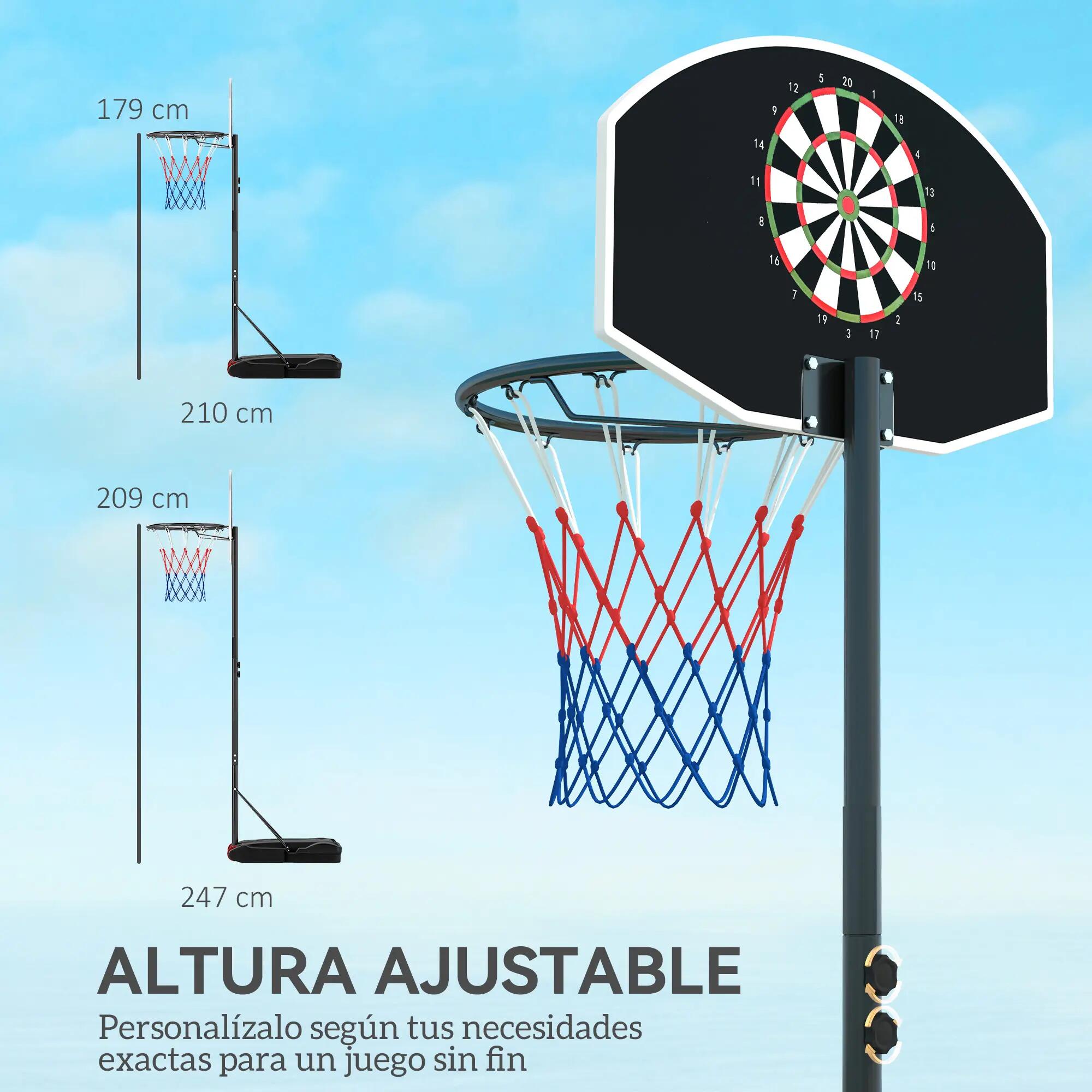 Panier de basket avec cible de fléchettes, hauteur réglable, base rechargeable 7/9